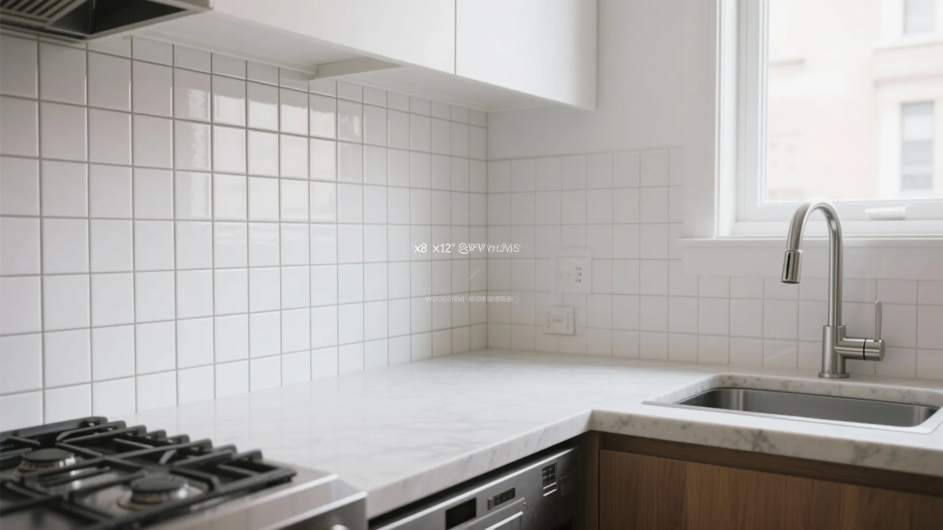 Bright kitchen corner with white square wall tiles marble countertop silver sink and gas stove