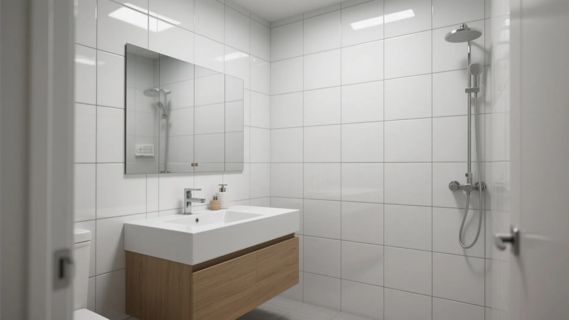 White tile bathroom interior design drawing featuring a wooden floating vanity sink mirror and shower