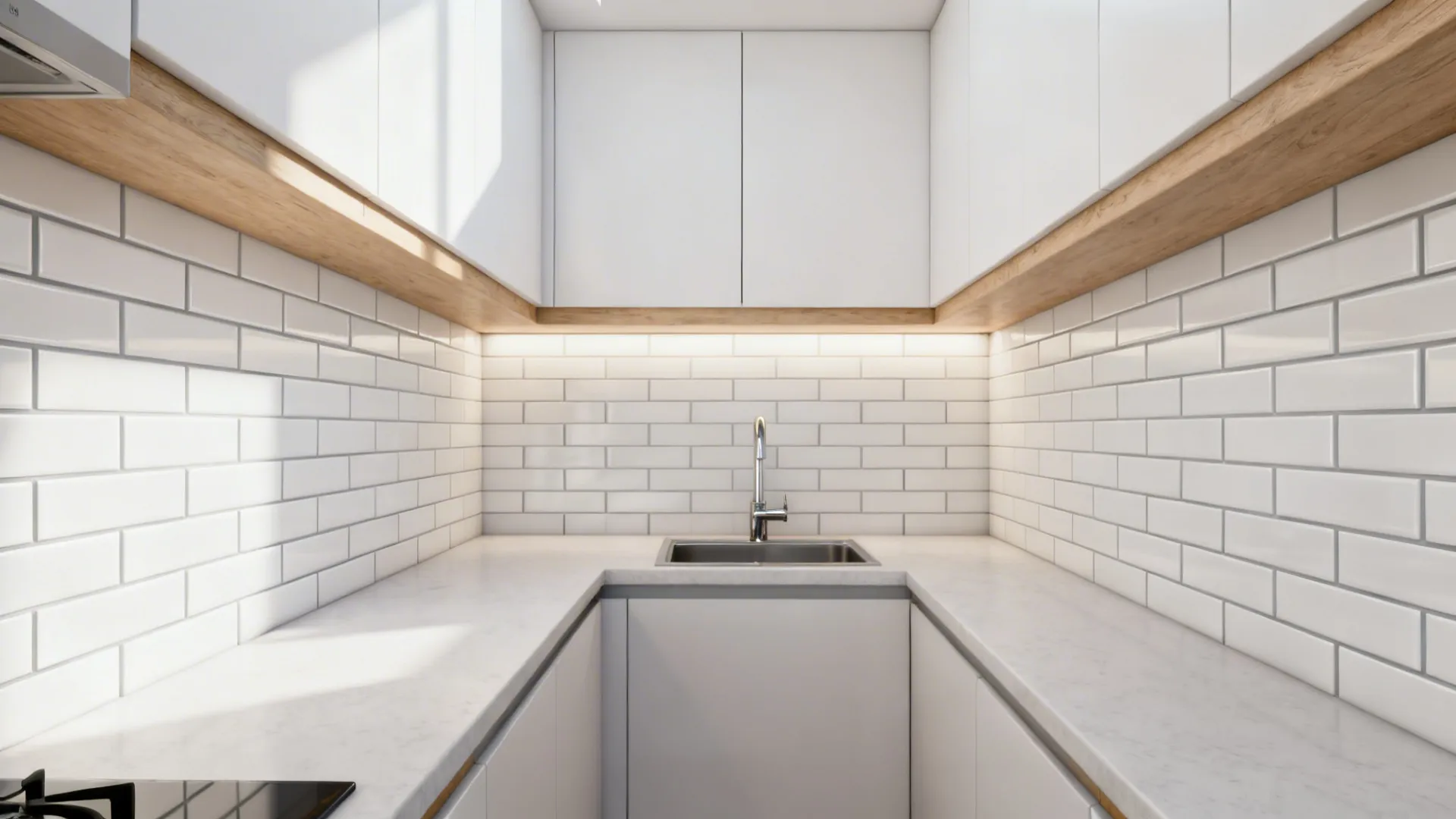 Straight-stacked 2x8 white tiles with tight light gray grout in a small modern kitchen.