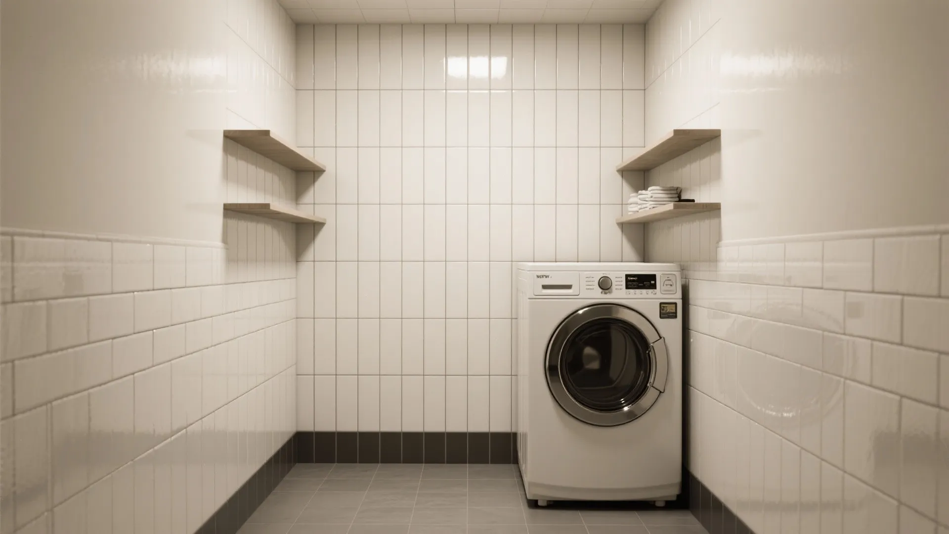 Clean laundry room with white wall tiles wooden shelves a washing machine and grey floor tiles