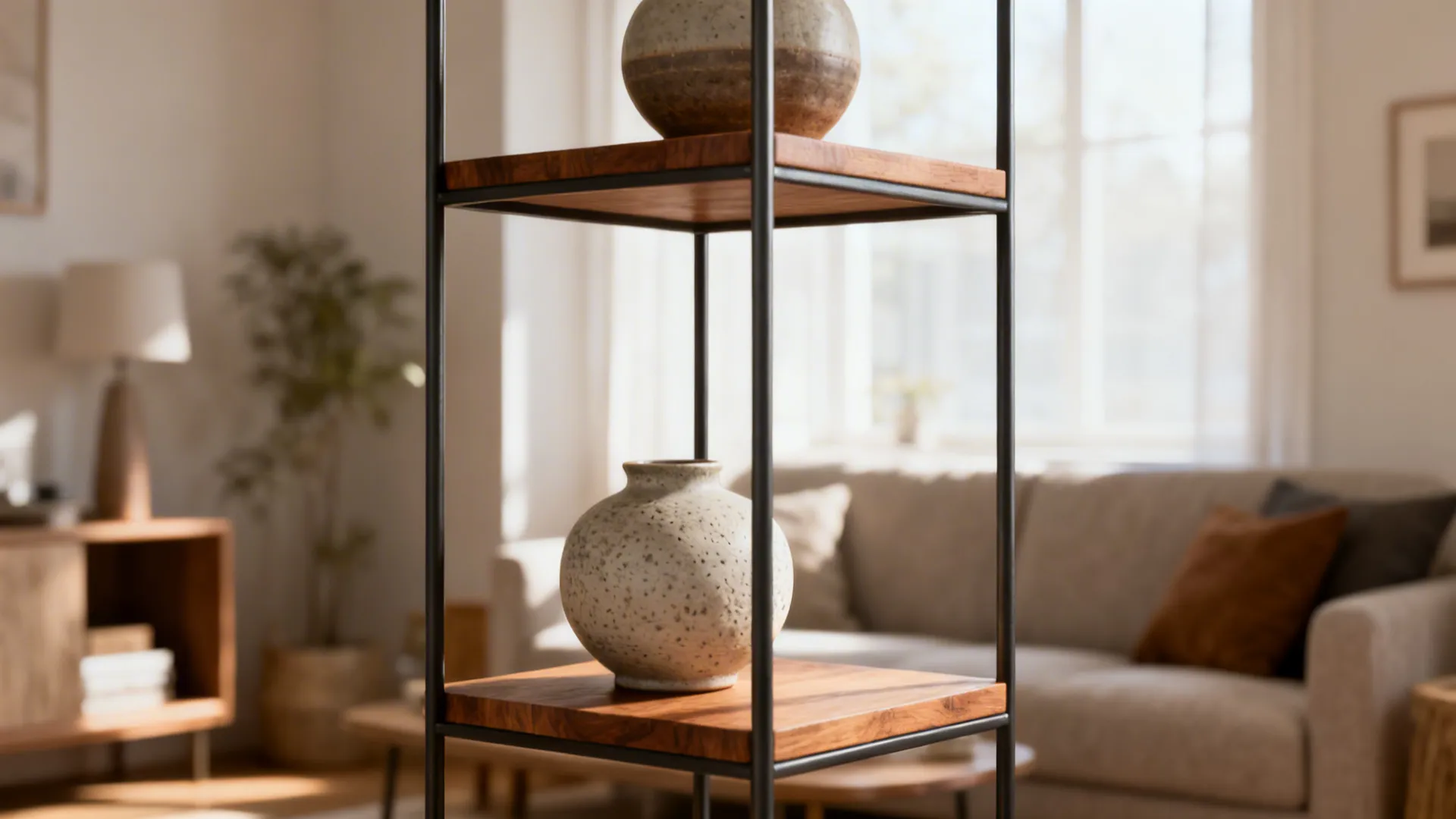 Black metal shelf with wooden levels holding ceramic vases in a bright modern living room