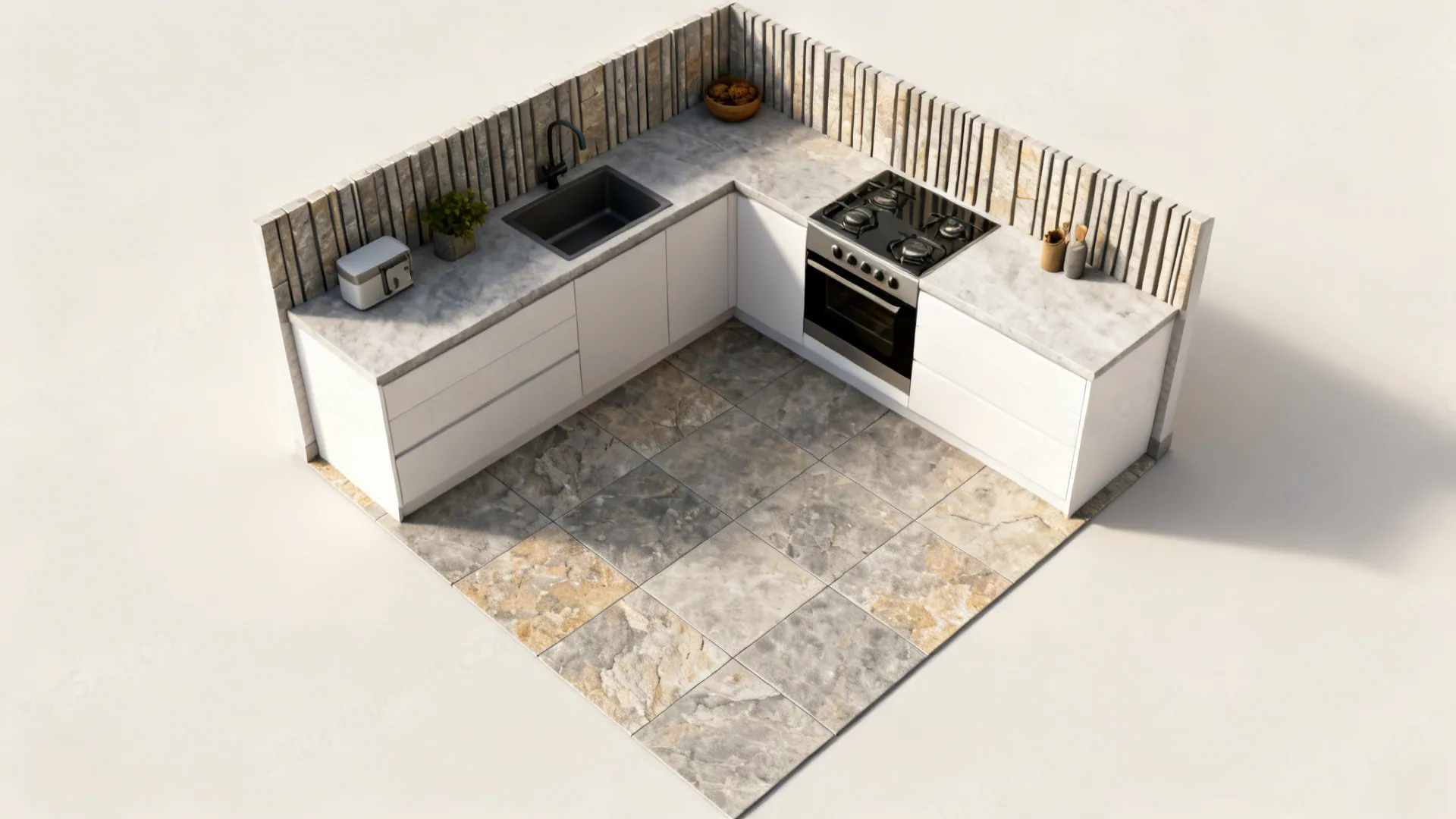 Top-down plan view showing stone-look floor layout and vertical stacked backsplash alignment.