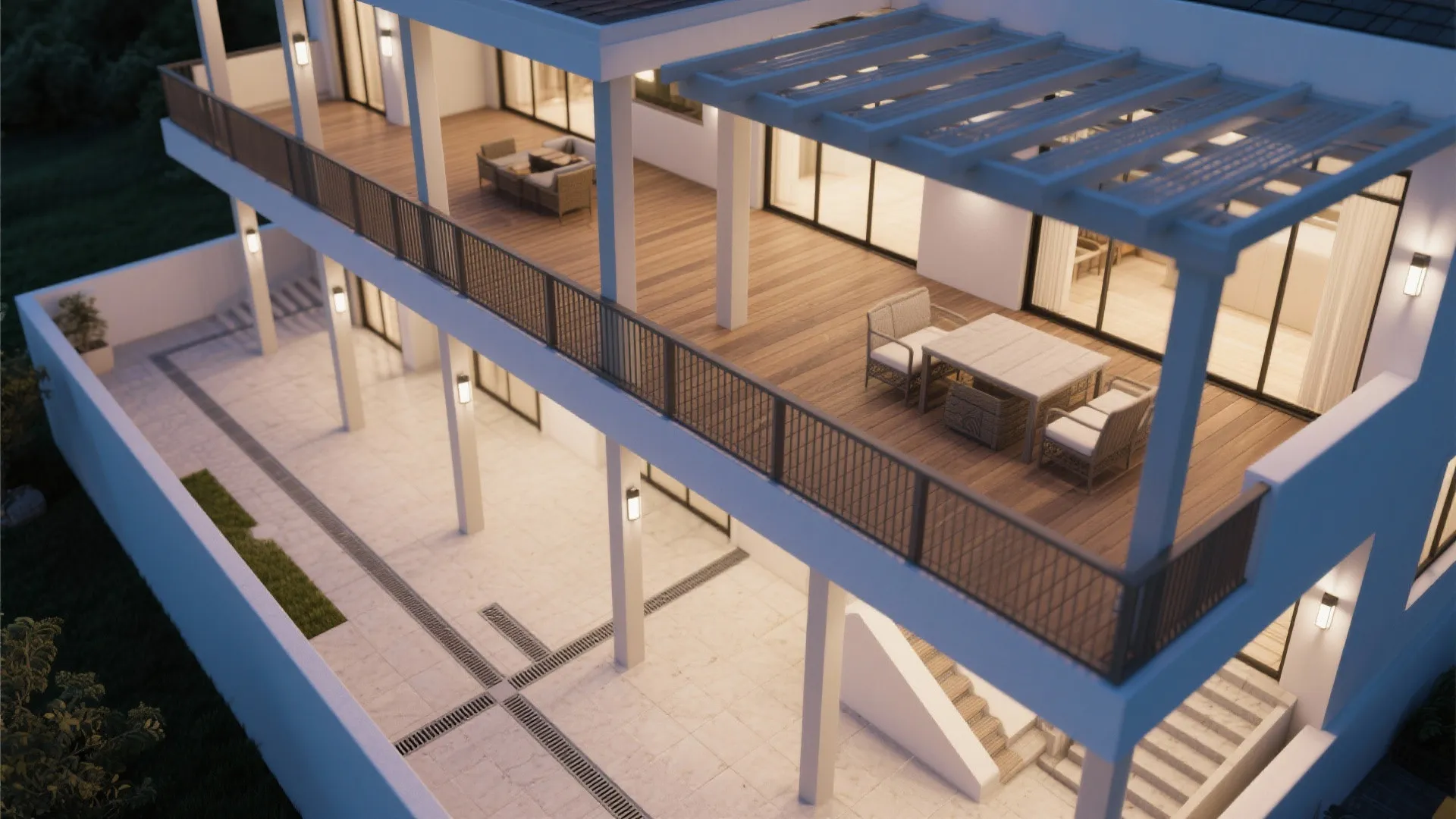 3) Stacked Outdoor Rooms: Balcony Above a Covered Patio