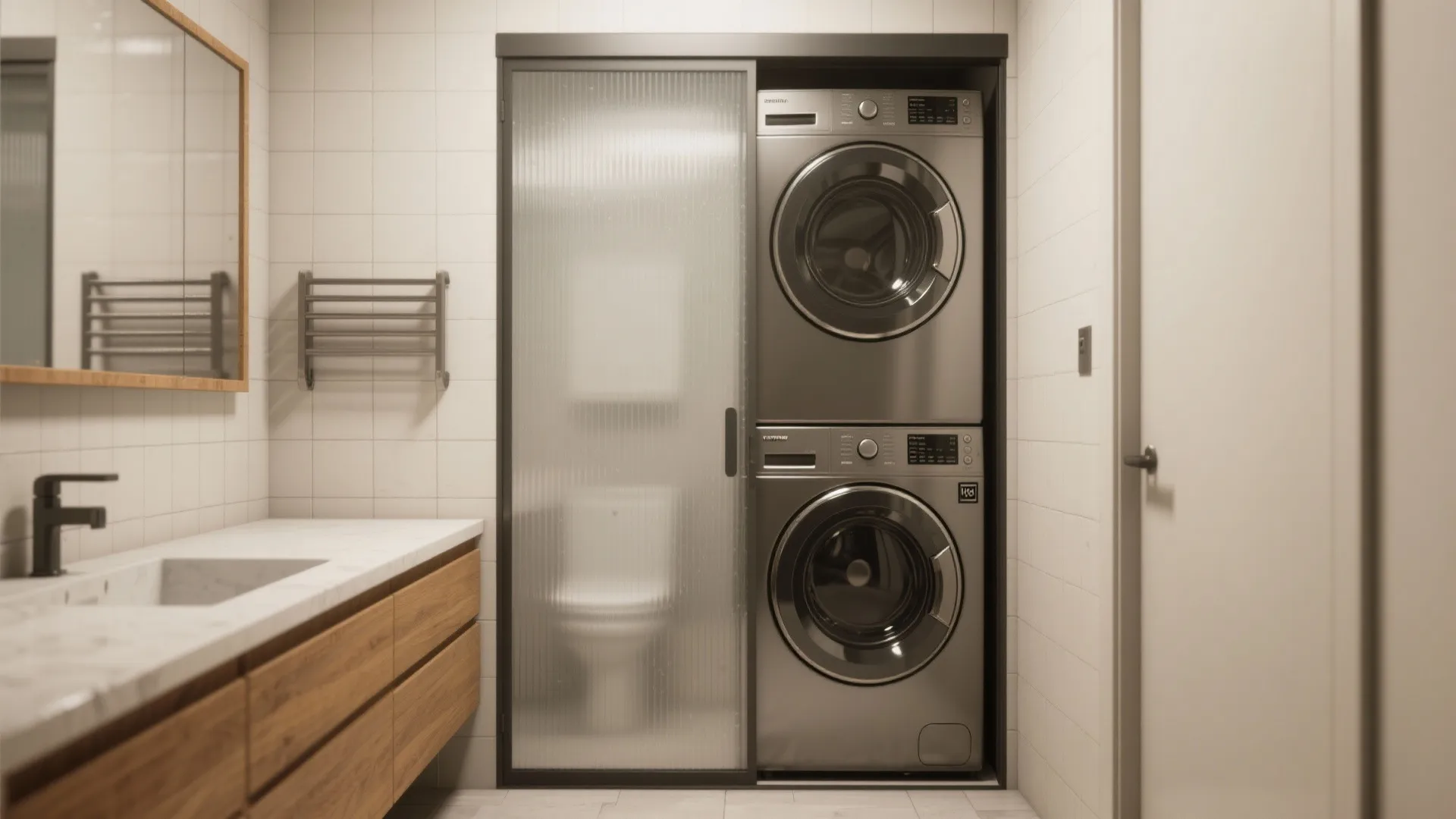 Stacked Laundry Tower with Slide-away Doors