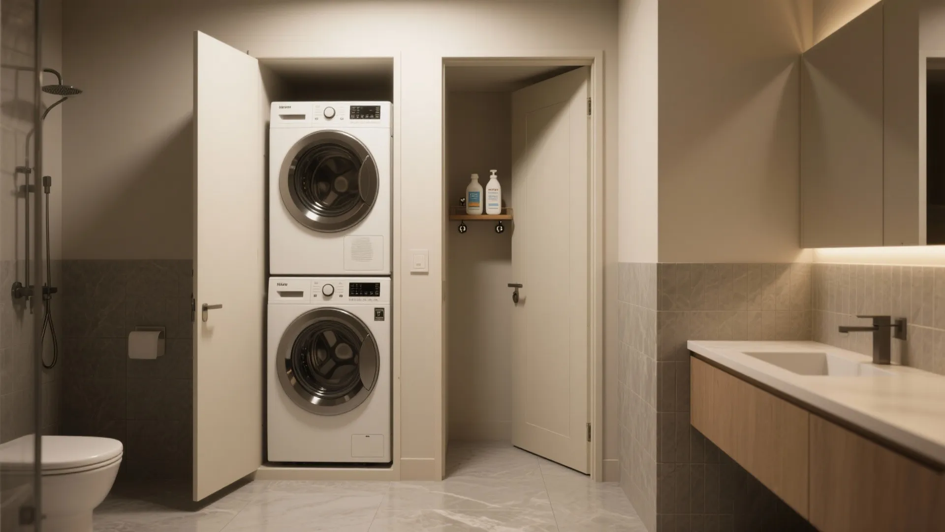 Stacked Laundry Tower in a Wet Room