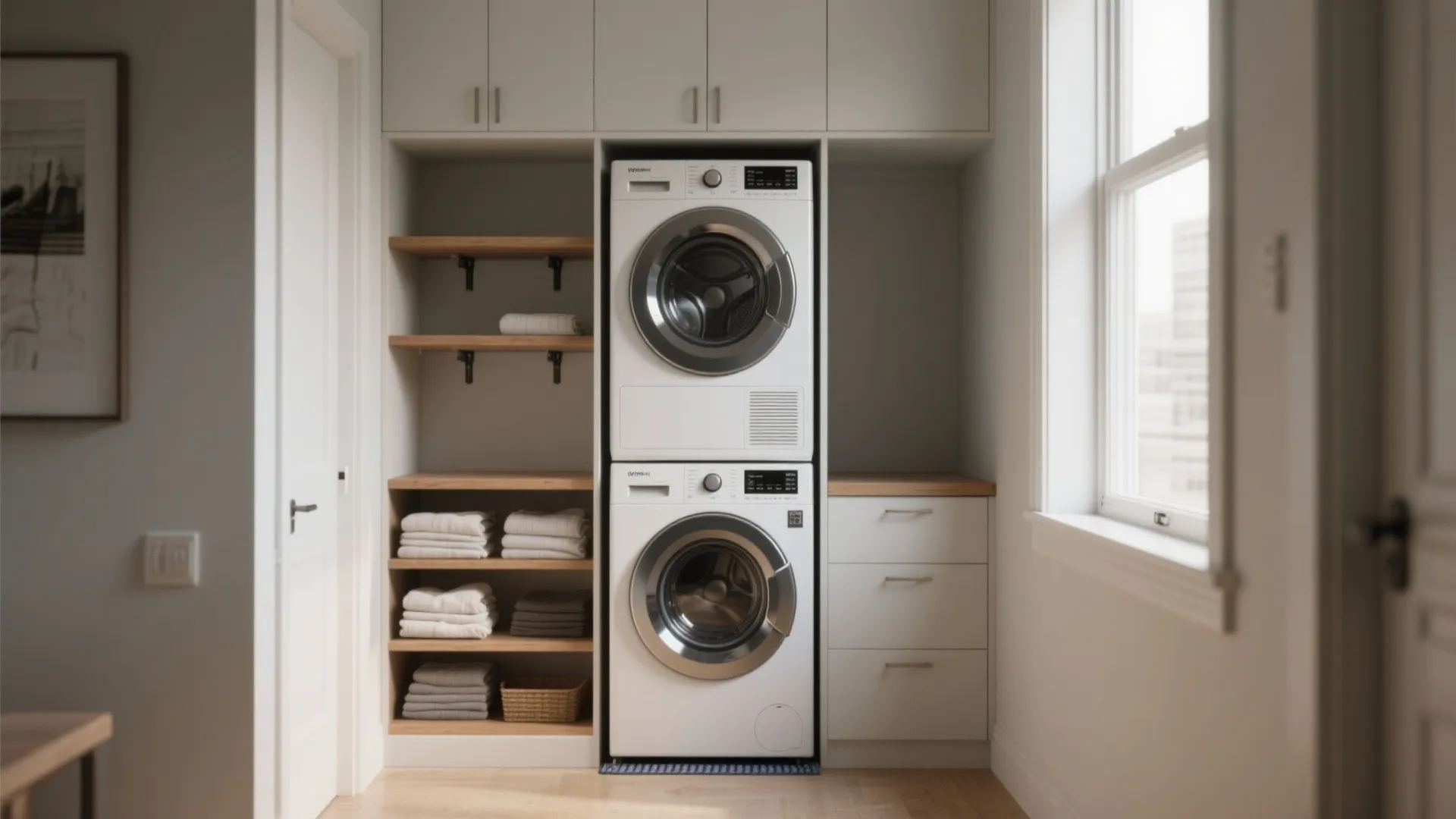 Laundry room with stacked white washer dryer built in white cabinets and wooden towel storage shelves