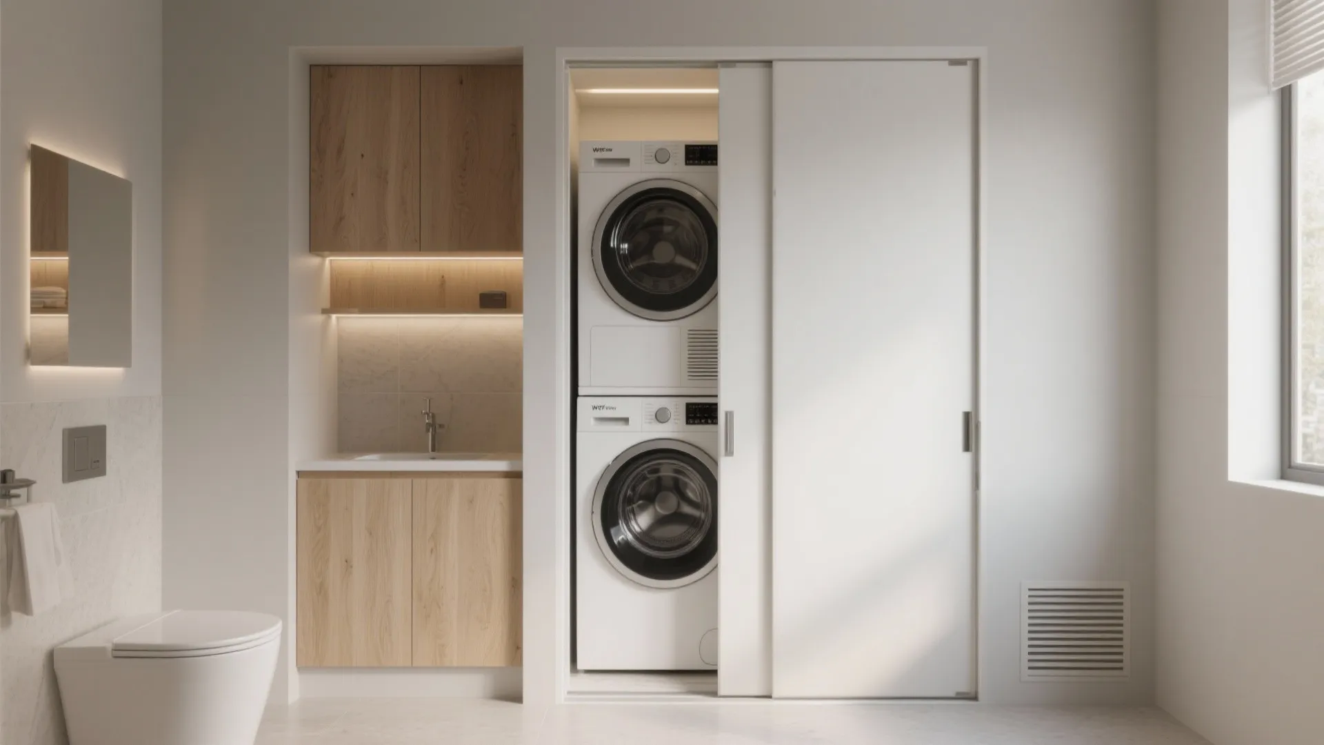 Stacked washing machine and dryer behind white sliding doors beside wooden cabinet and white sink