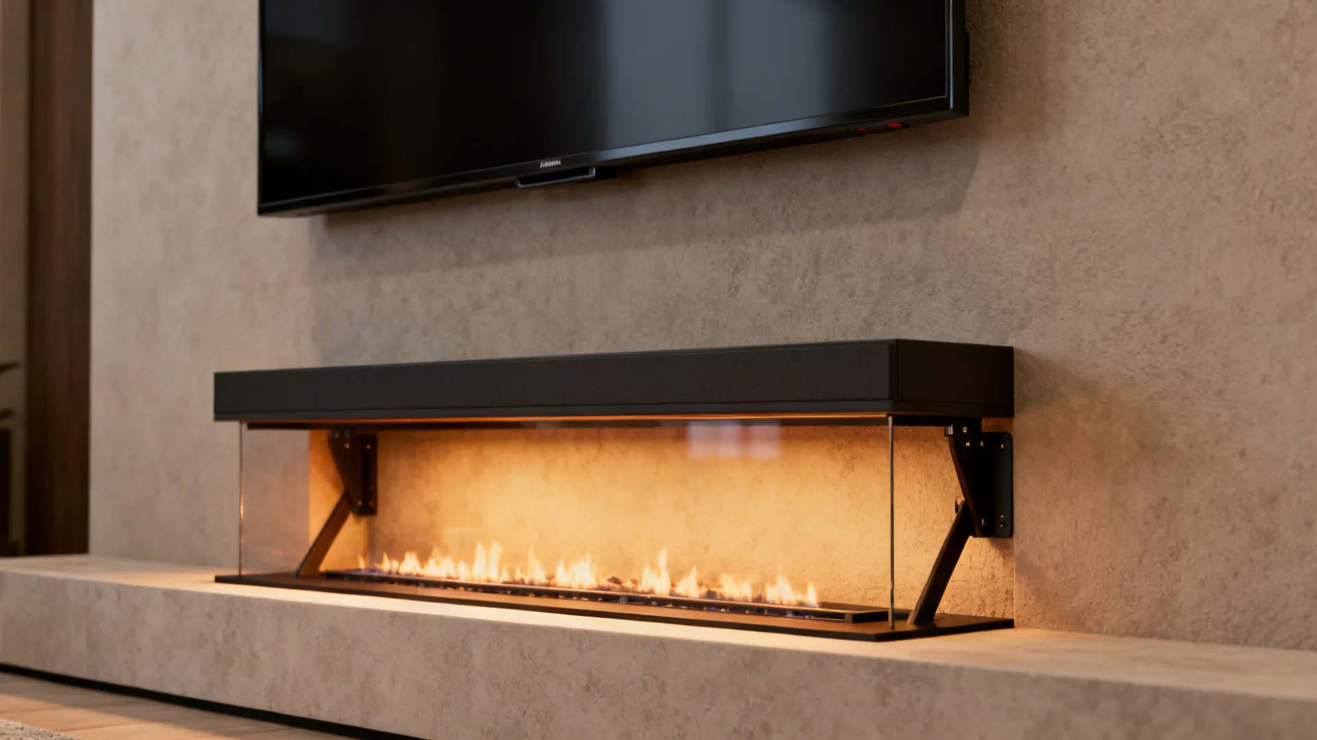 Modern electric fireplace with burning flames below a black television mounted on a textured wall