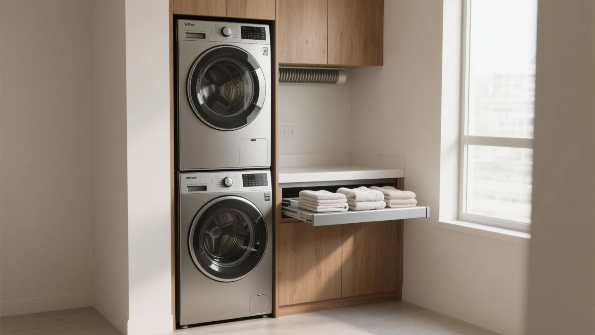 Modern laundry room with stacked silver washing machine and dryer next to a sliding drawer