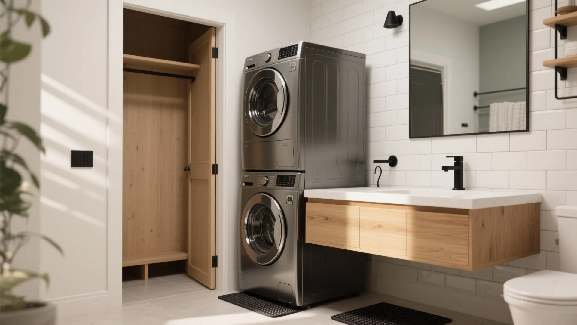 1. Stacked Washer-Dryer with Floating Vanity