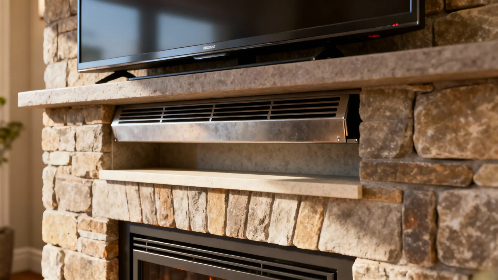 2. Stacked but ventilated — TV slightly offset above fireplace