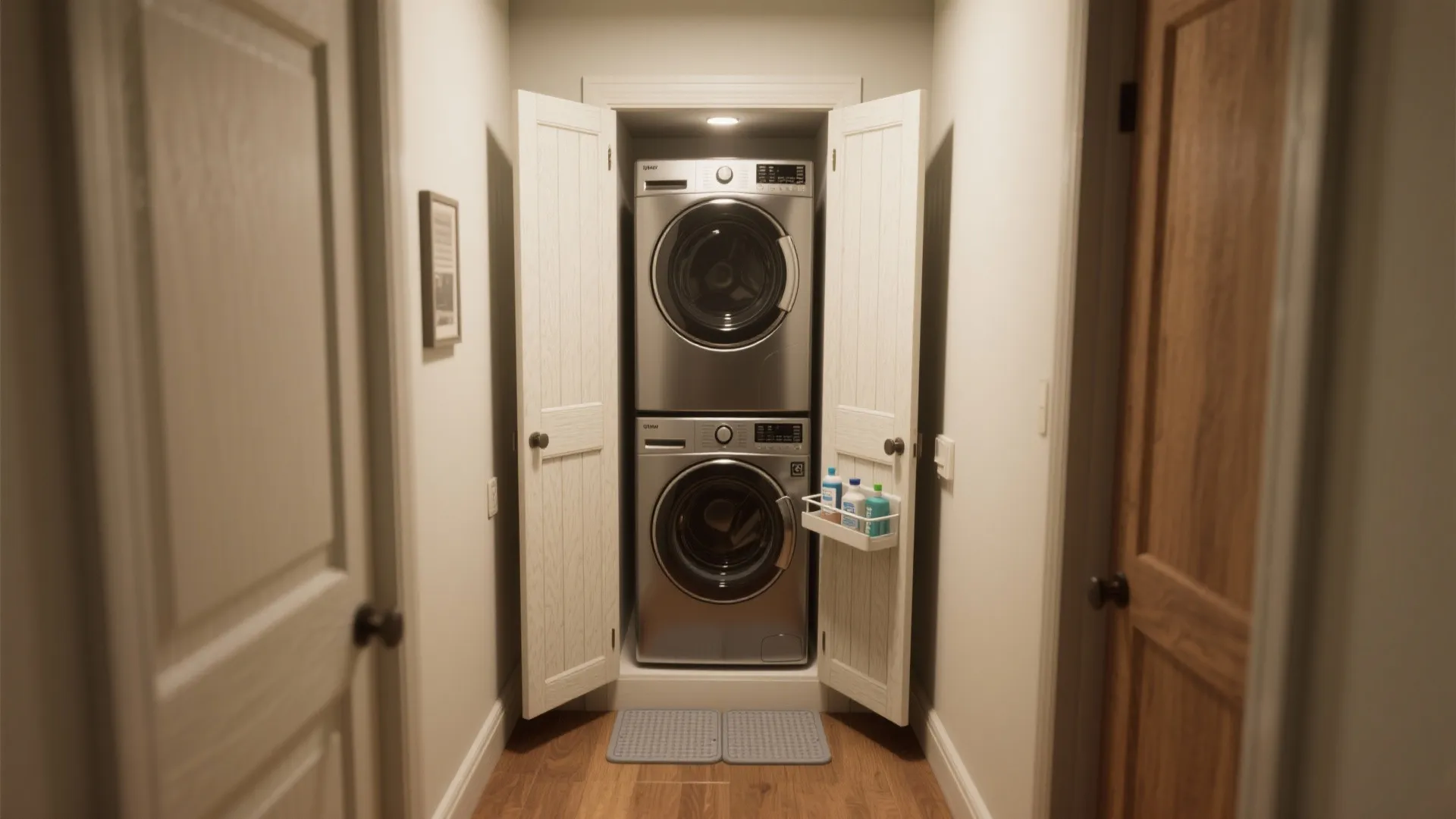 Stacked silver washing machine and clothes dryer inside a white laundry closet with open doors