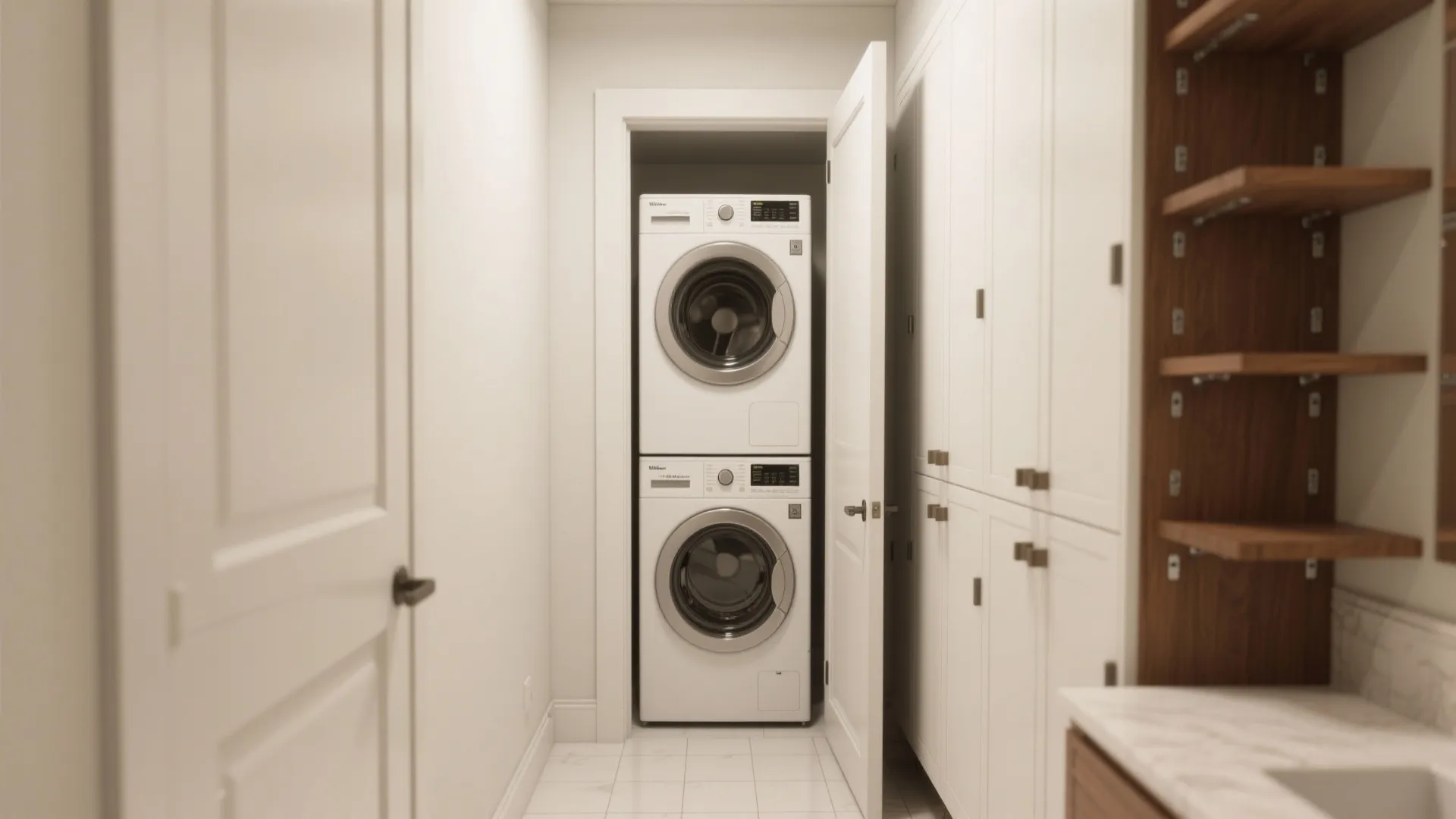Stacked washer-dryer hidden behind a pocket door in a compact bathroom alcove with warm wood trim.