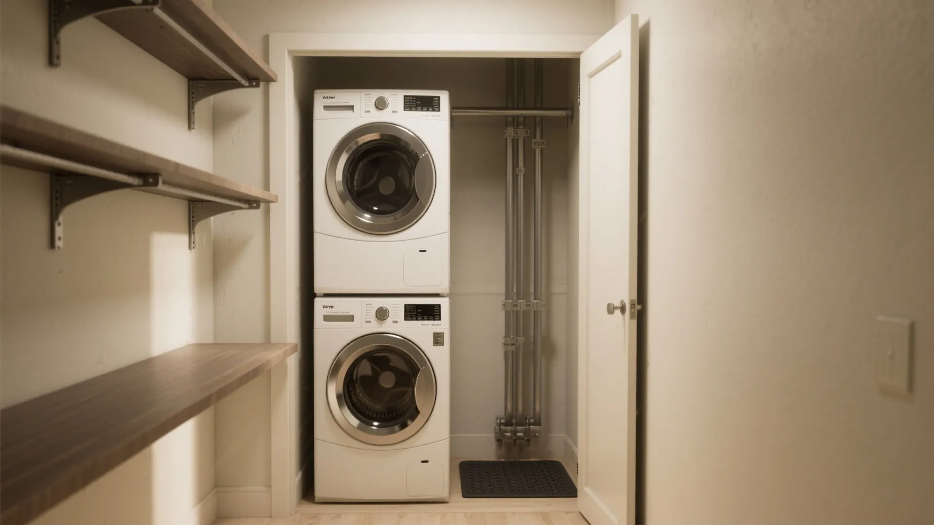 White stacked washing machine and dryer inside a small laundry closet with wood wall shelves