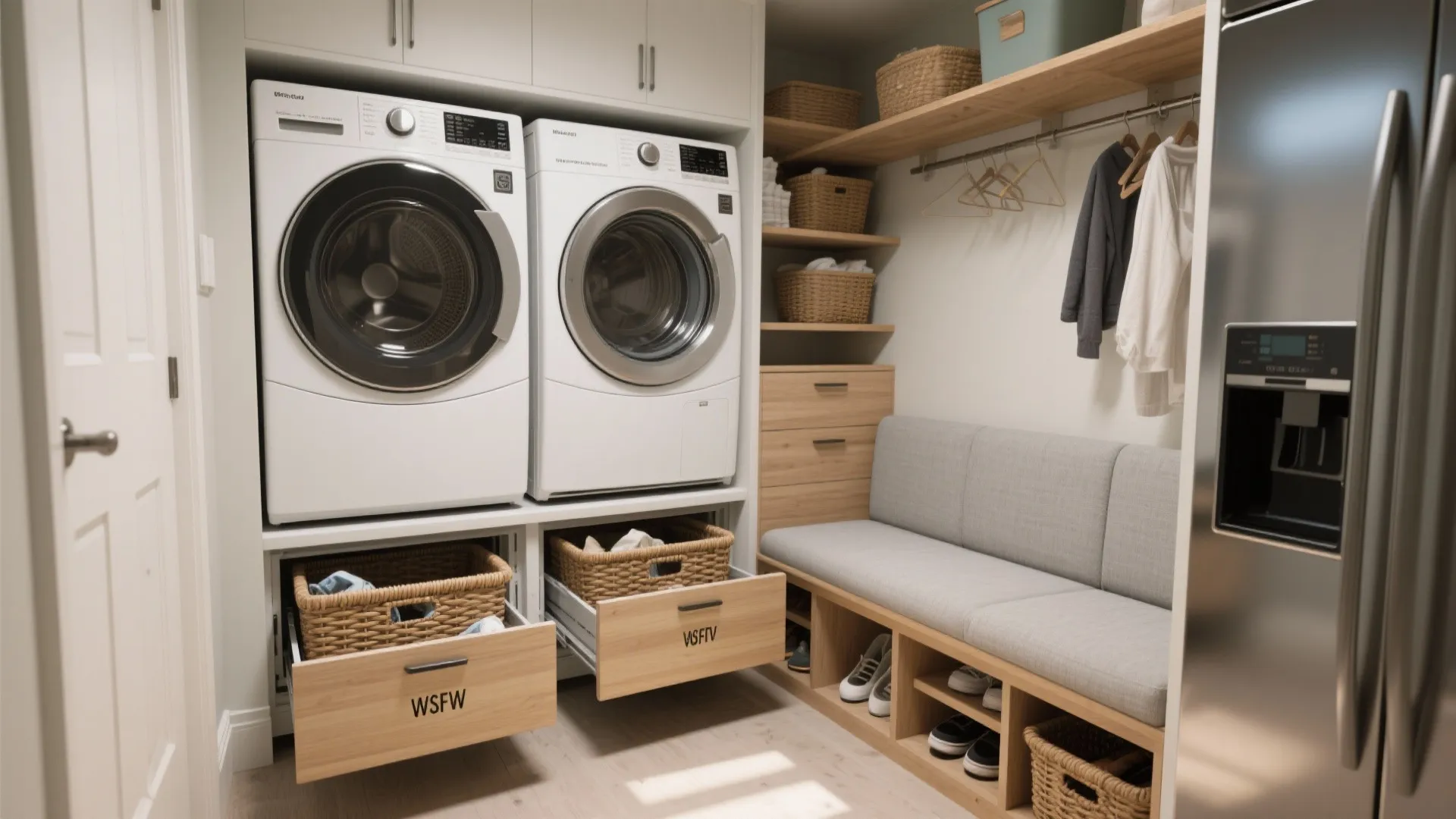 Stacked Washer-Dryer with Pull-Out Hampers and Multipurpose Bench