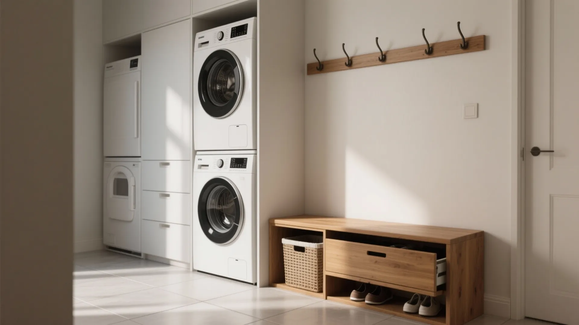 Laundry room layout with stacked washing machines next to a wooden shoe bench and wall hooks