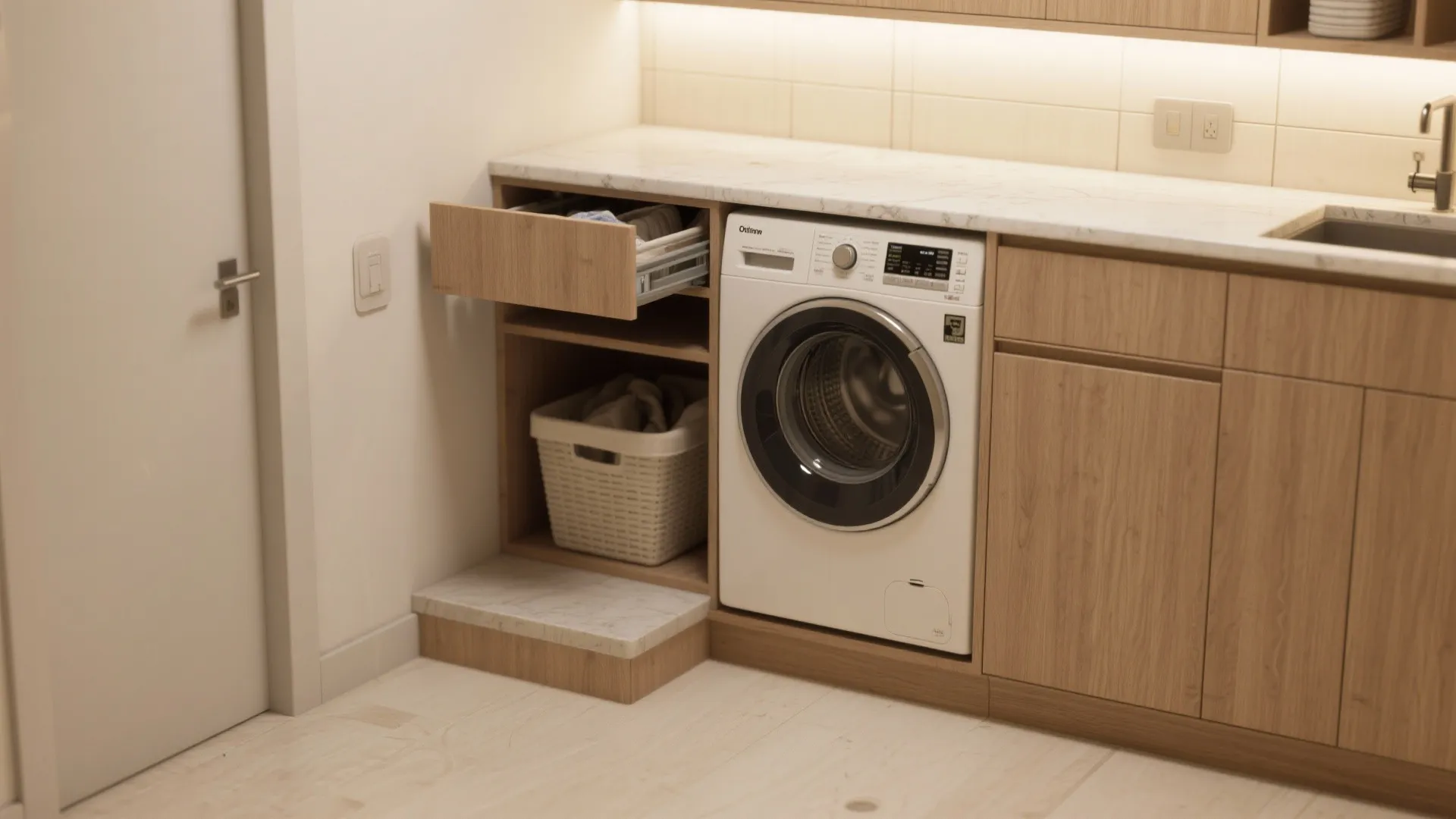 Modern laundry room with white washing machine built into wood cabinets and white marble countertop