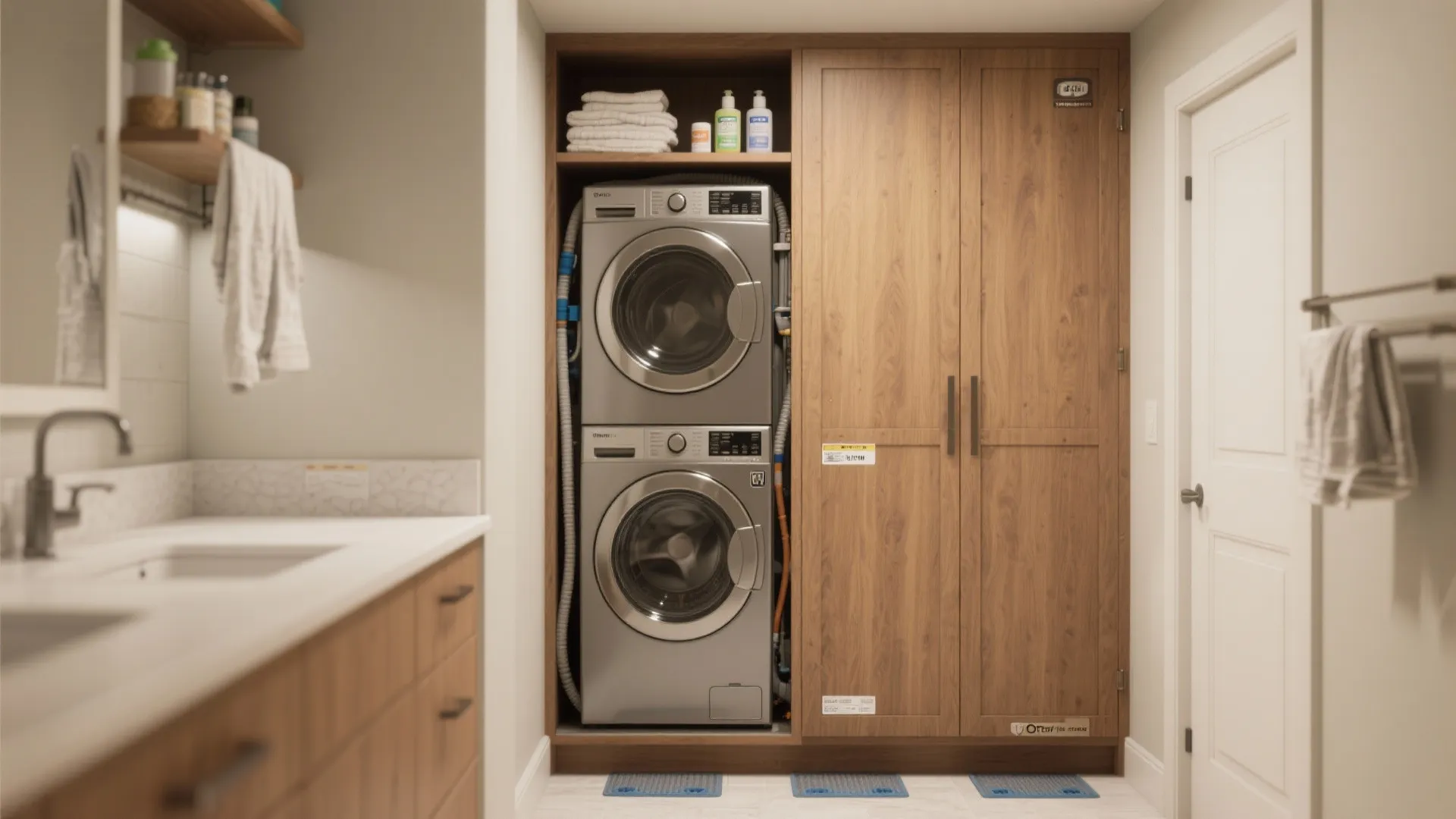 Stacked washing machine and dryer inside a tall wooden cabinet next to a white door