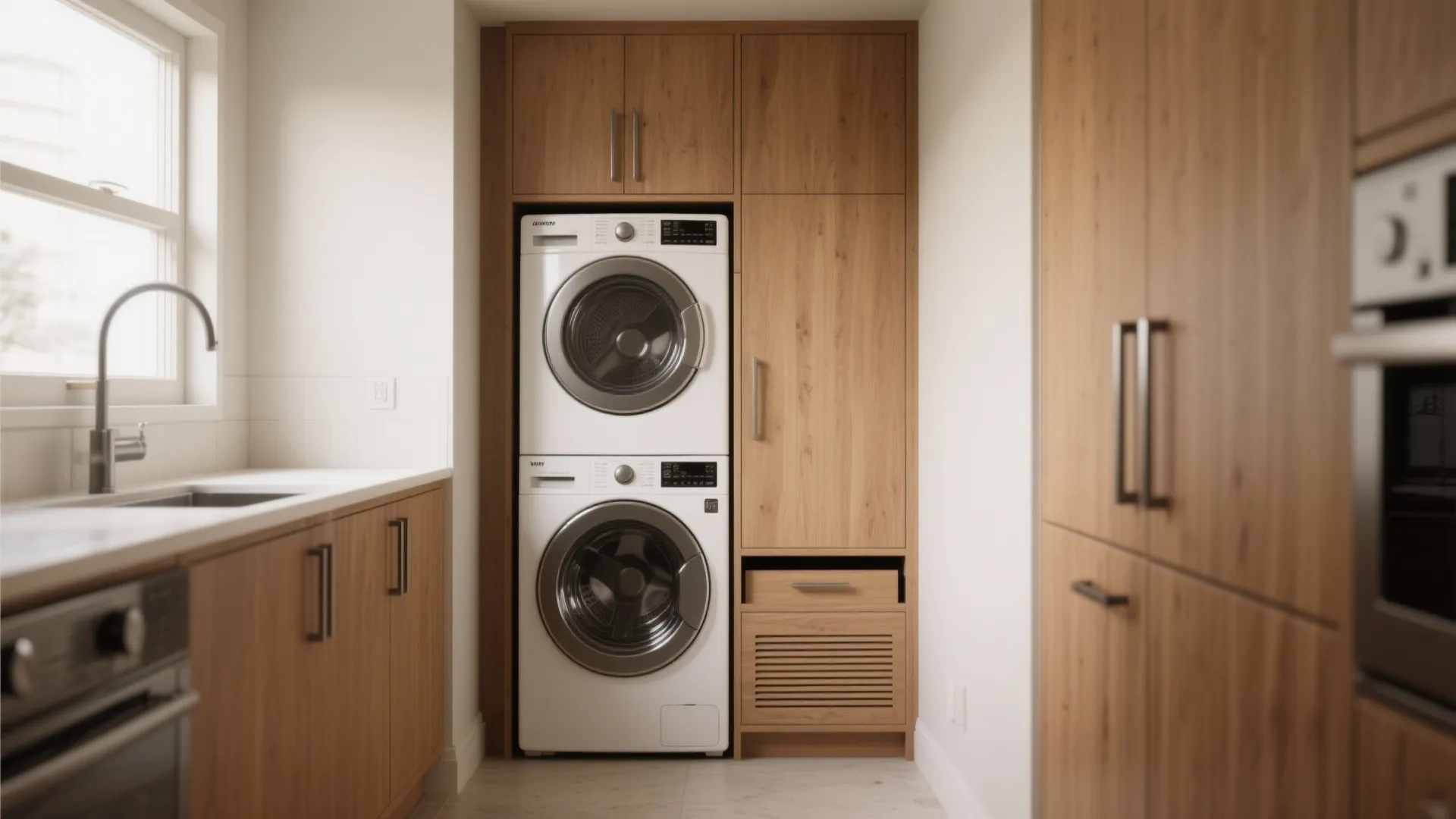 Stacked white washing machine and dryer inside tall wooden cabinet next to kitchen sink window