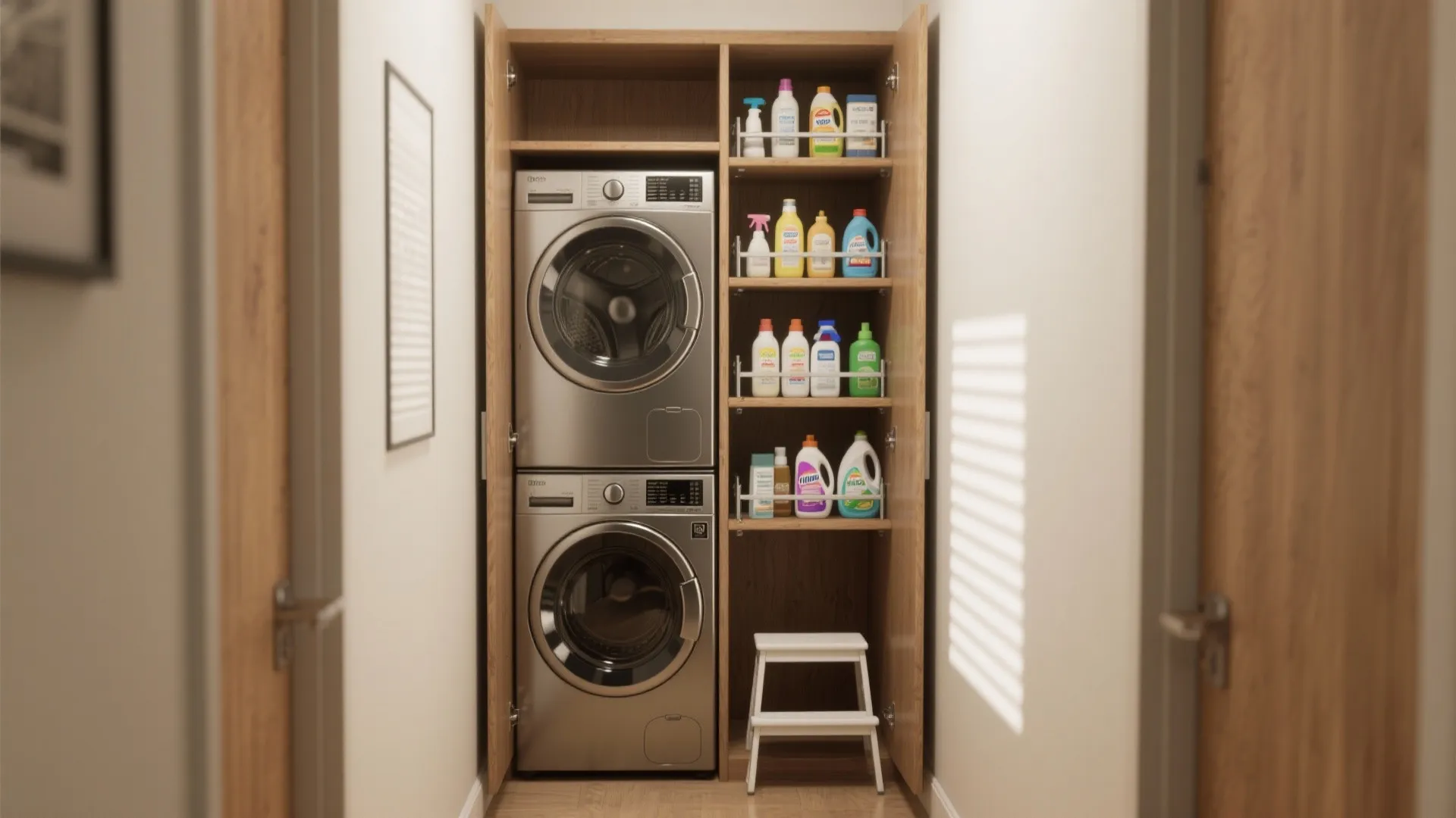 Tall wooden laundry cabinet with stacked washing machines and shelves filled with many colorful bottles