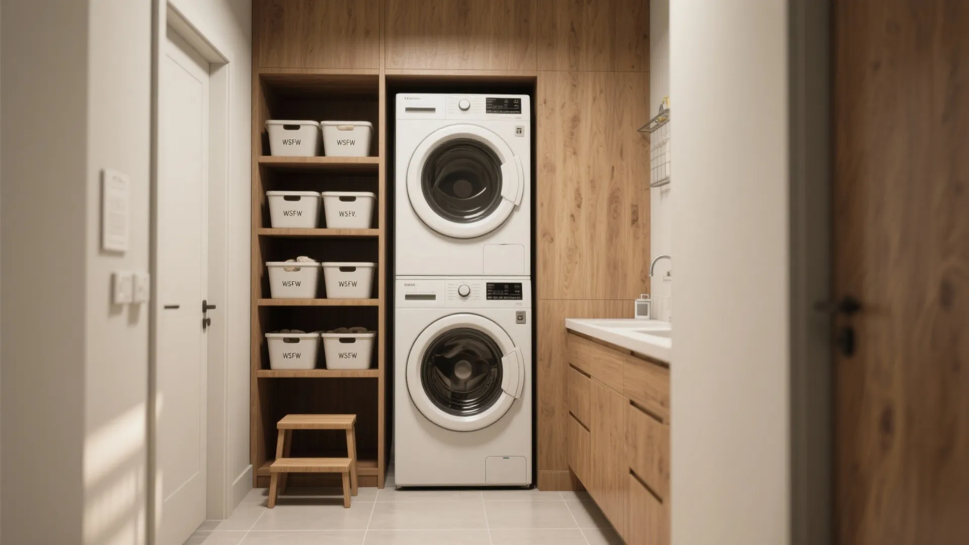 White stacked washer and dryer in wood wall unit with laundry baskets and small stool