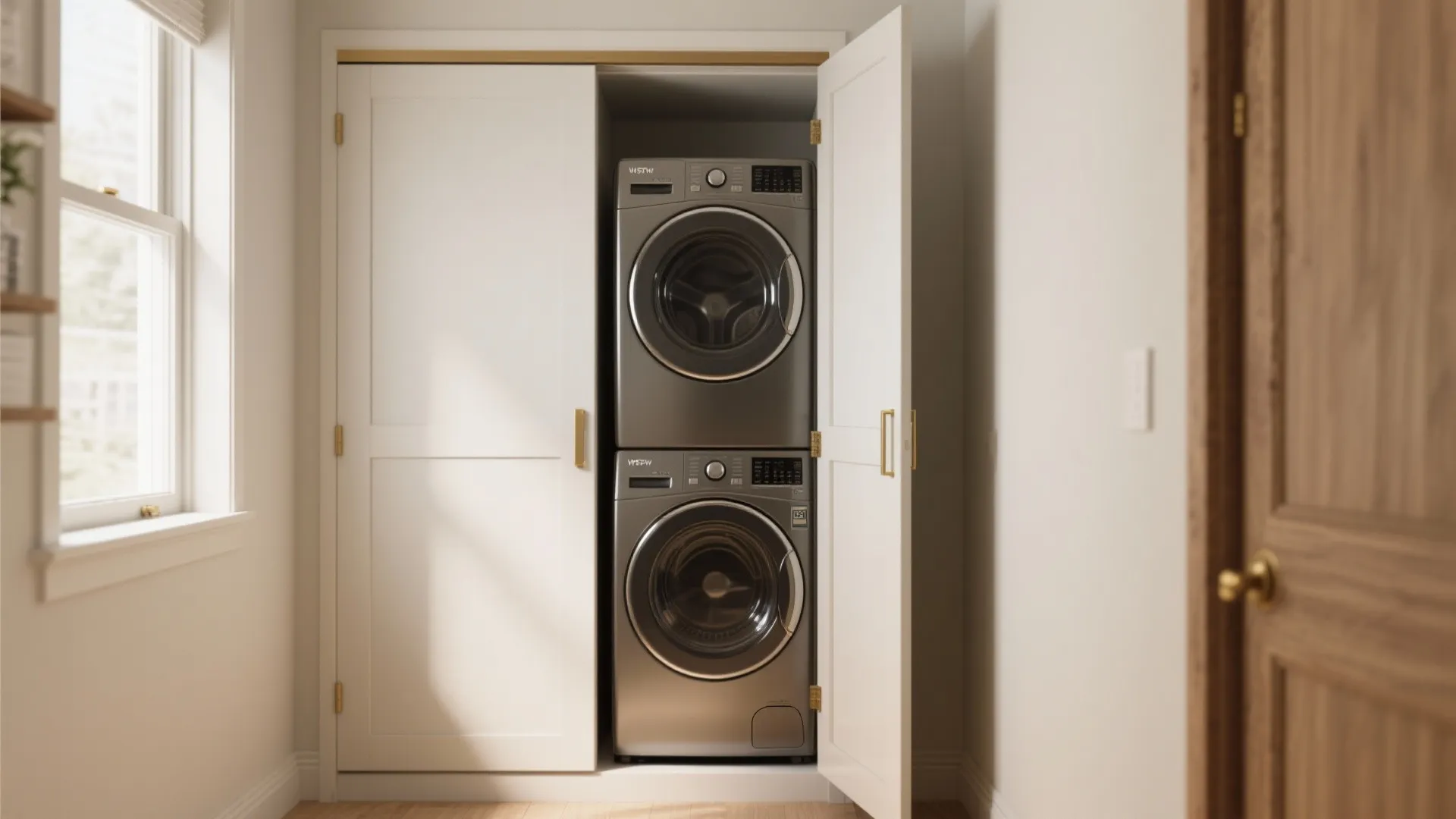 Stacked silver washing machine and dryer inside a white closet next to a bright window