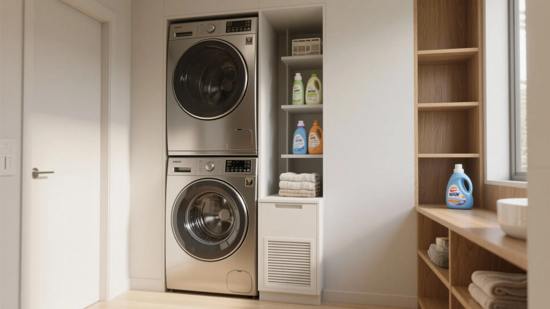 Modern laundry room featuring stacked silver washing machines next to narrow shelves with detergent bottles