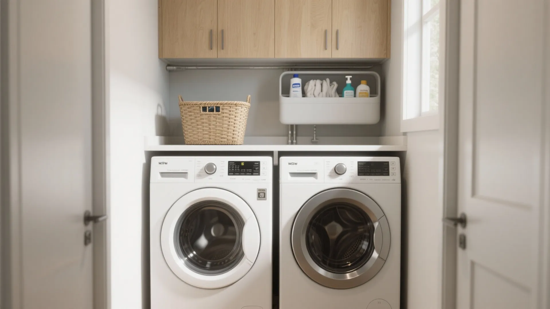 Laundry room with two white washing machines side by side under wooden cabinets and wicker basket