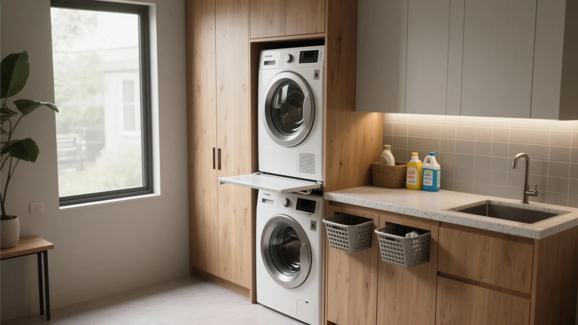 1. Stacked Washer-Dryer with a Fold-Down Counter