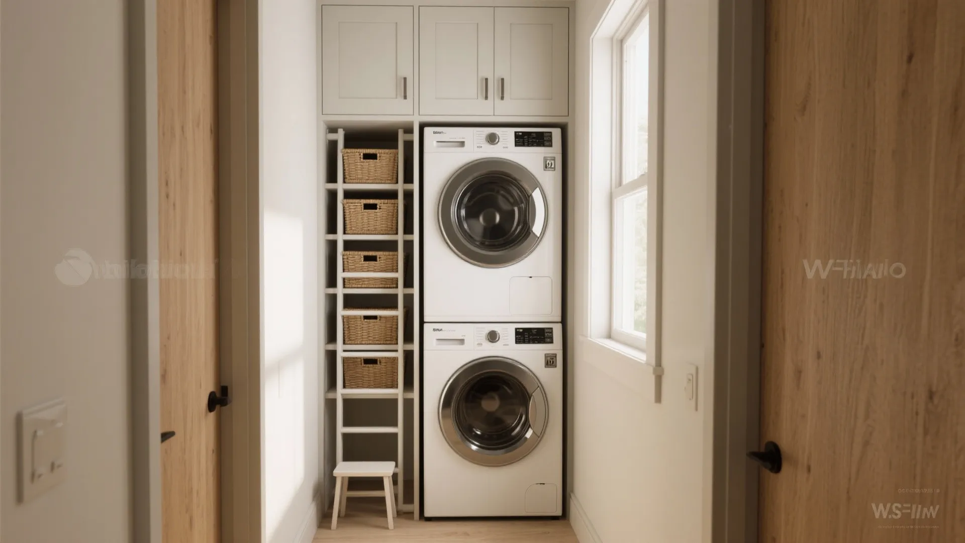 Small laundry room with white stacked washing machine and dryer, wooden shelves, and storage baskets