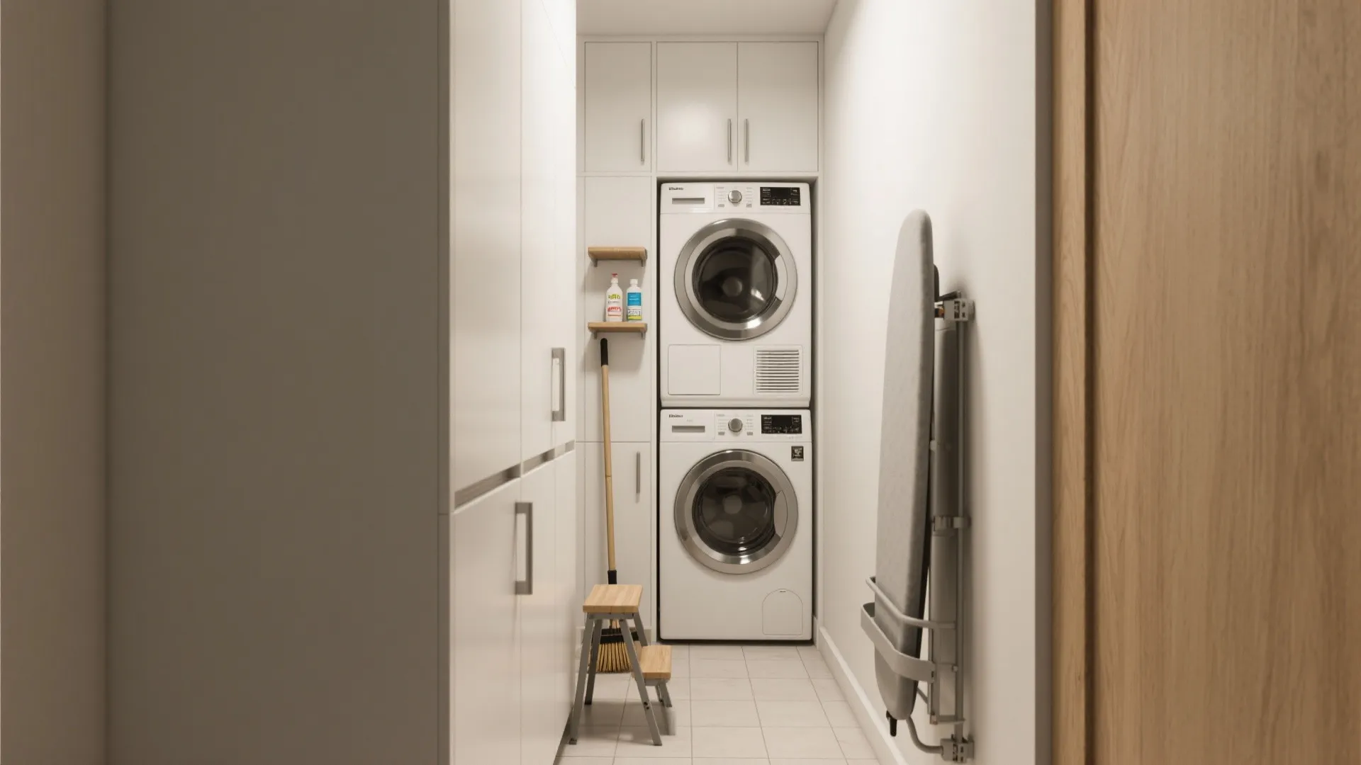 1. Stack appliances + full-height cabinets