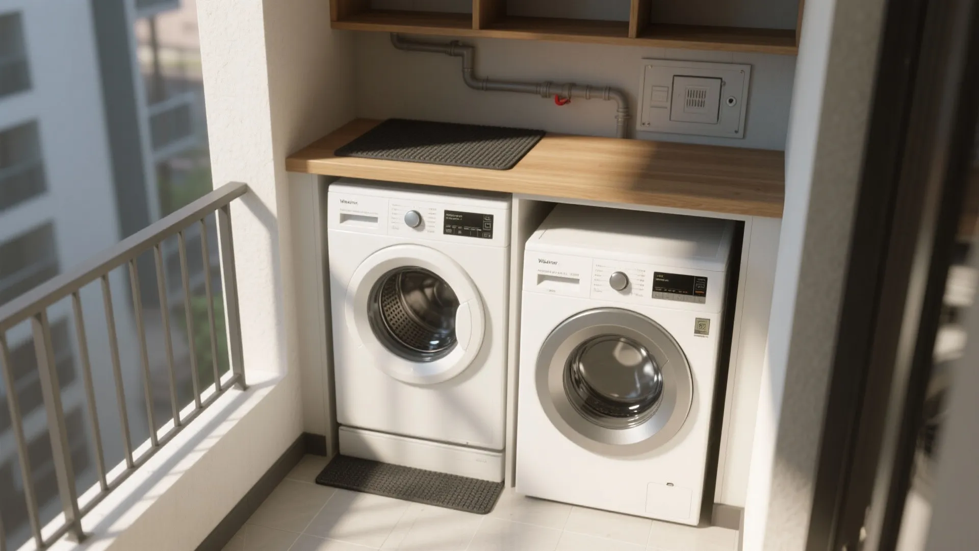 Modern balcony laundry area with white washing machine and dryer under a light wood counter
