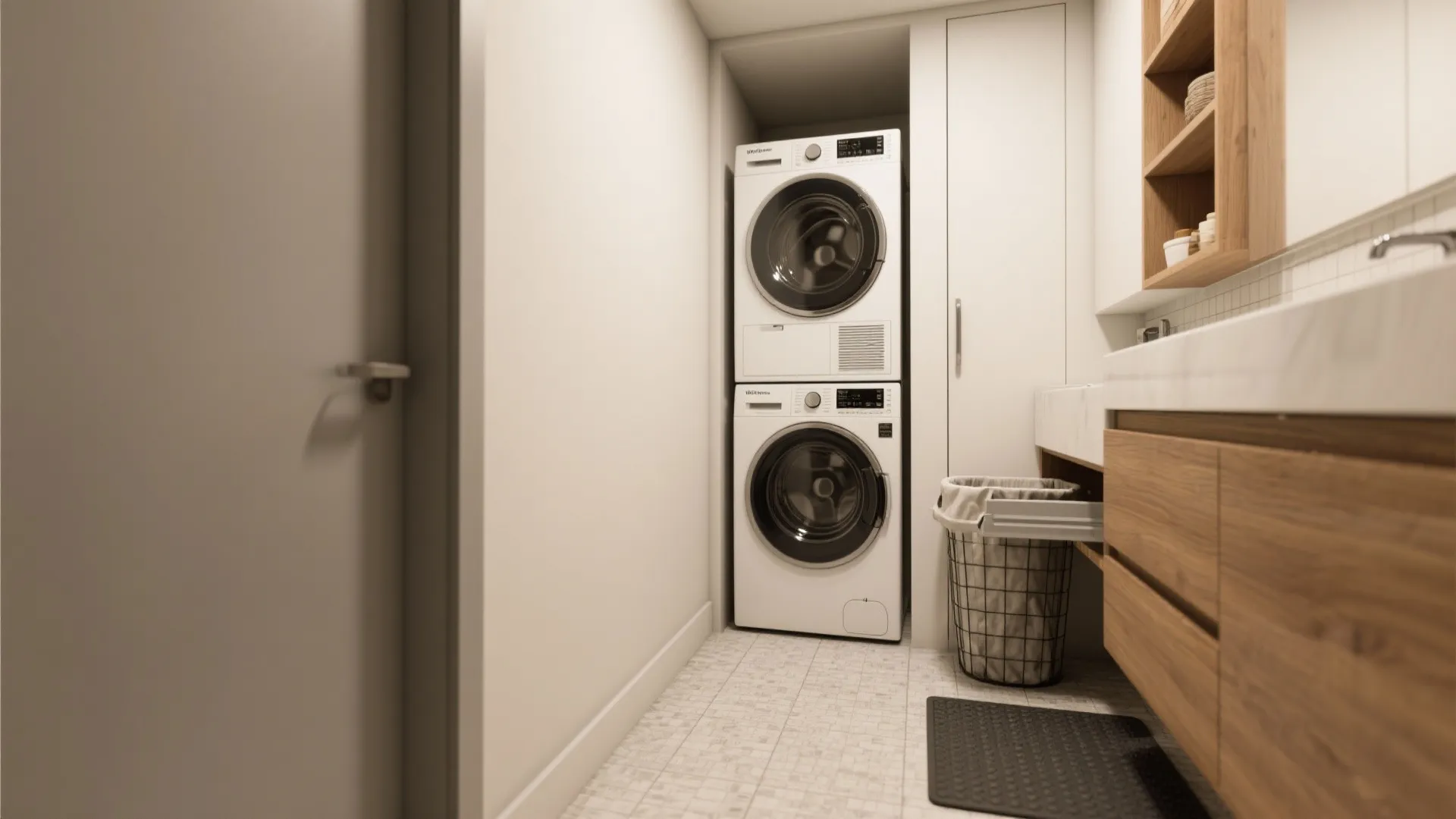 Narrow laundry room with stacked washing machine and dryer next to wooden cabinet and marble sink
