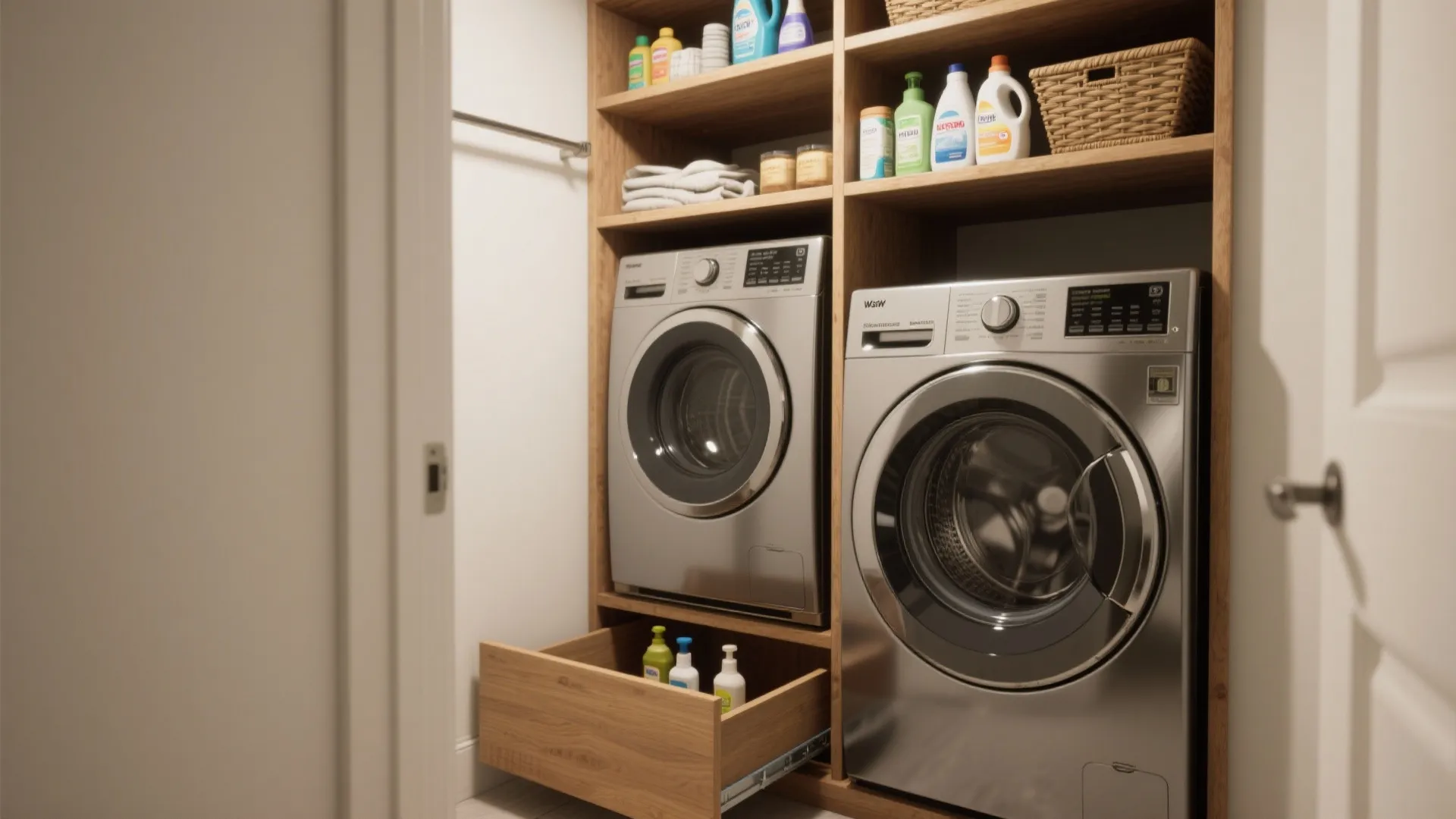 Stacked washer and dryer with open wooden shelves and a lower pull-out shelf for detergents