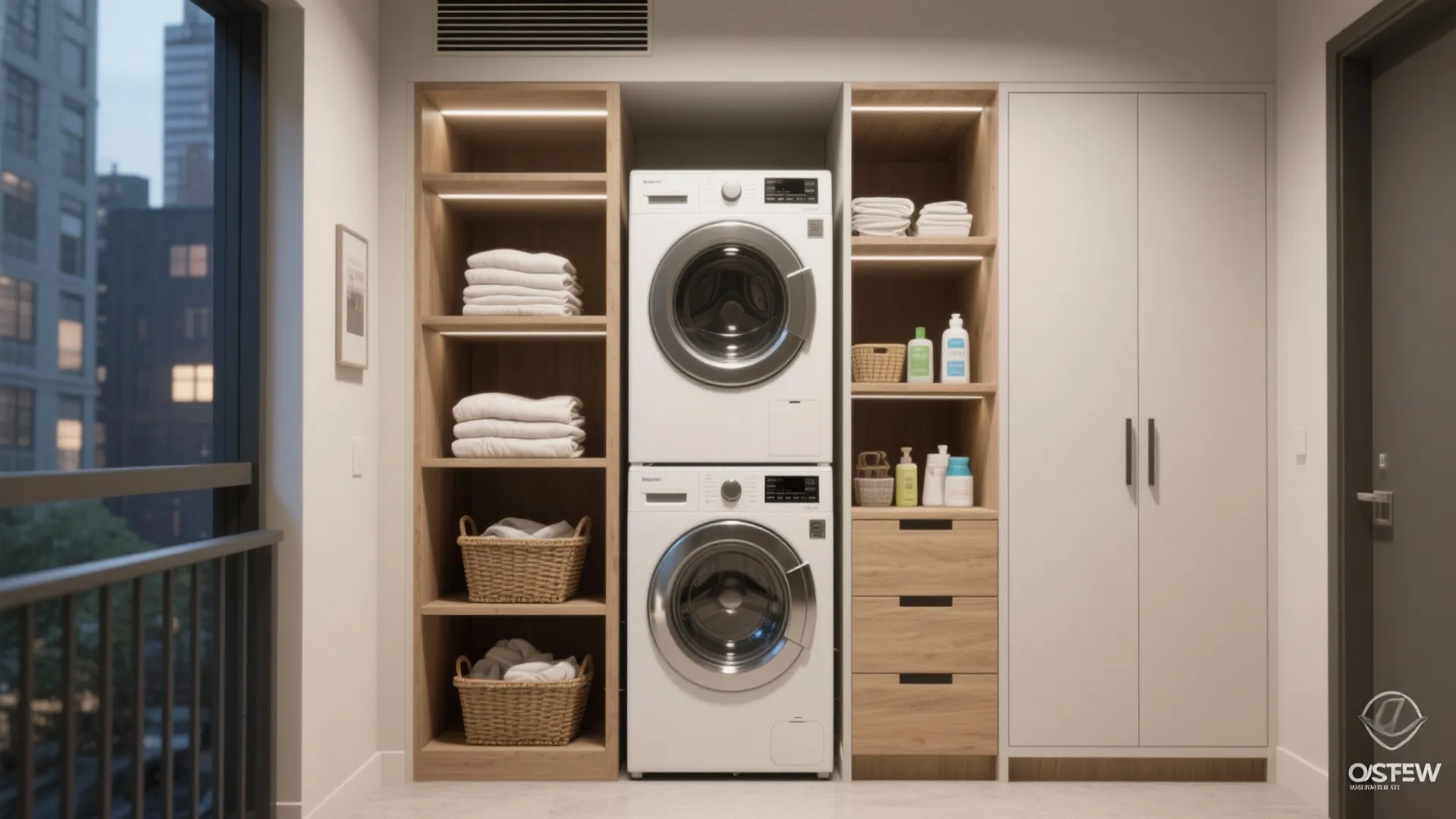 4. Stackable washer-dryer with integrated cubbies