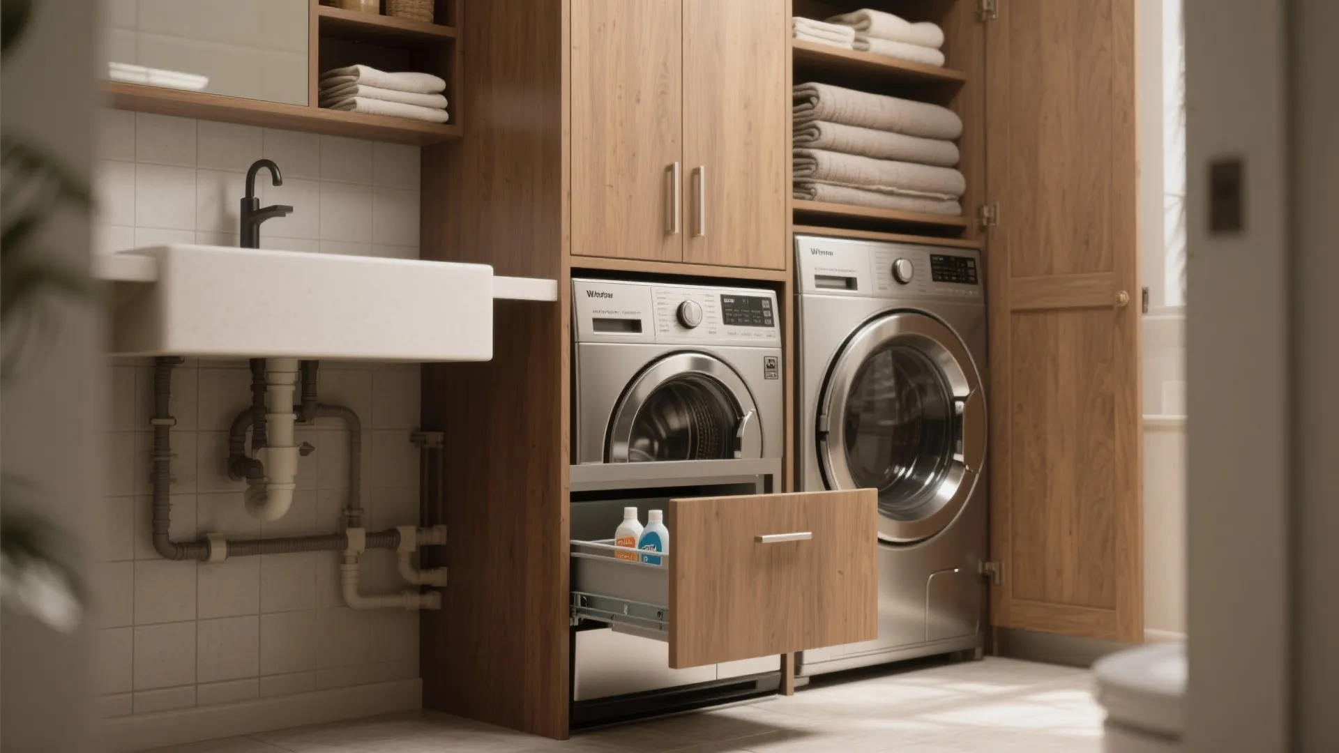 1. Stacked Washer Inside a Vanitory Cabinet