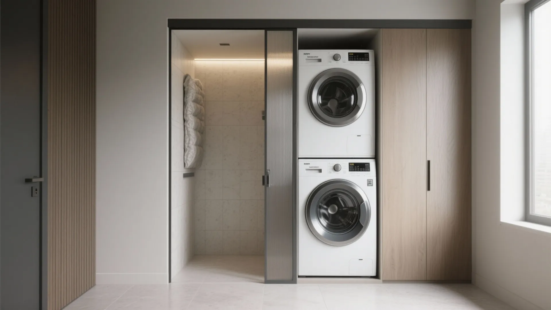 1. Stacked Washer Nook with a Sliding Pocket Door