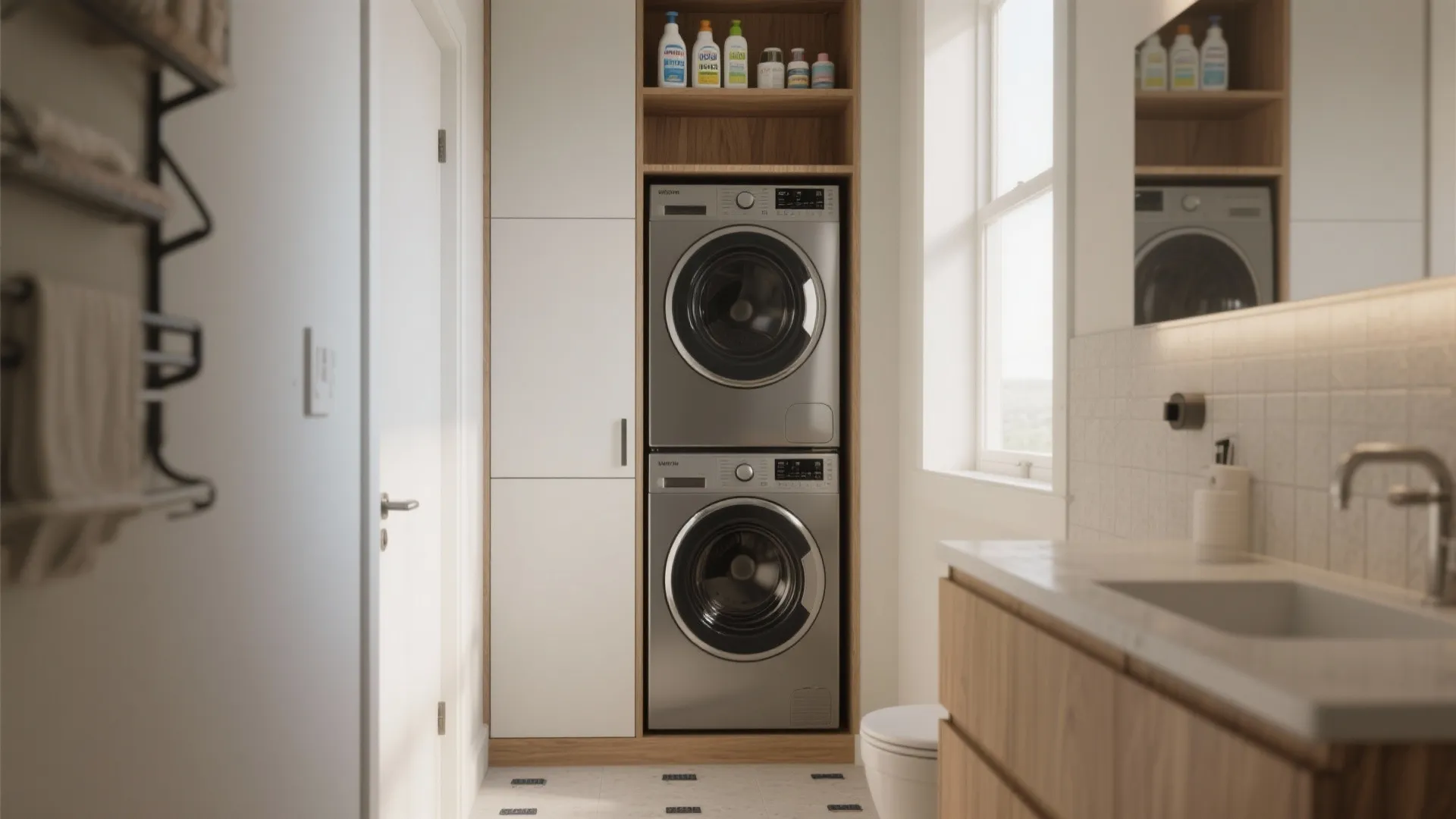 1. Stacked washer tower inside a tall cabinet