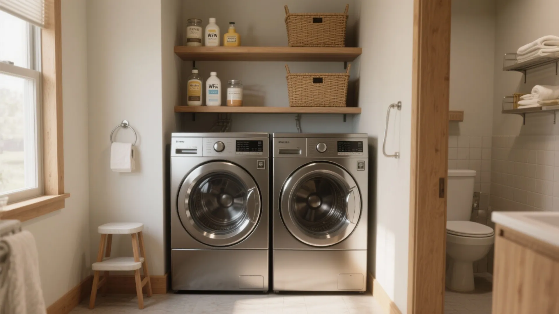 Laundry area with silver washing machine and dryer beside wooden shelves and a white toilet