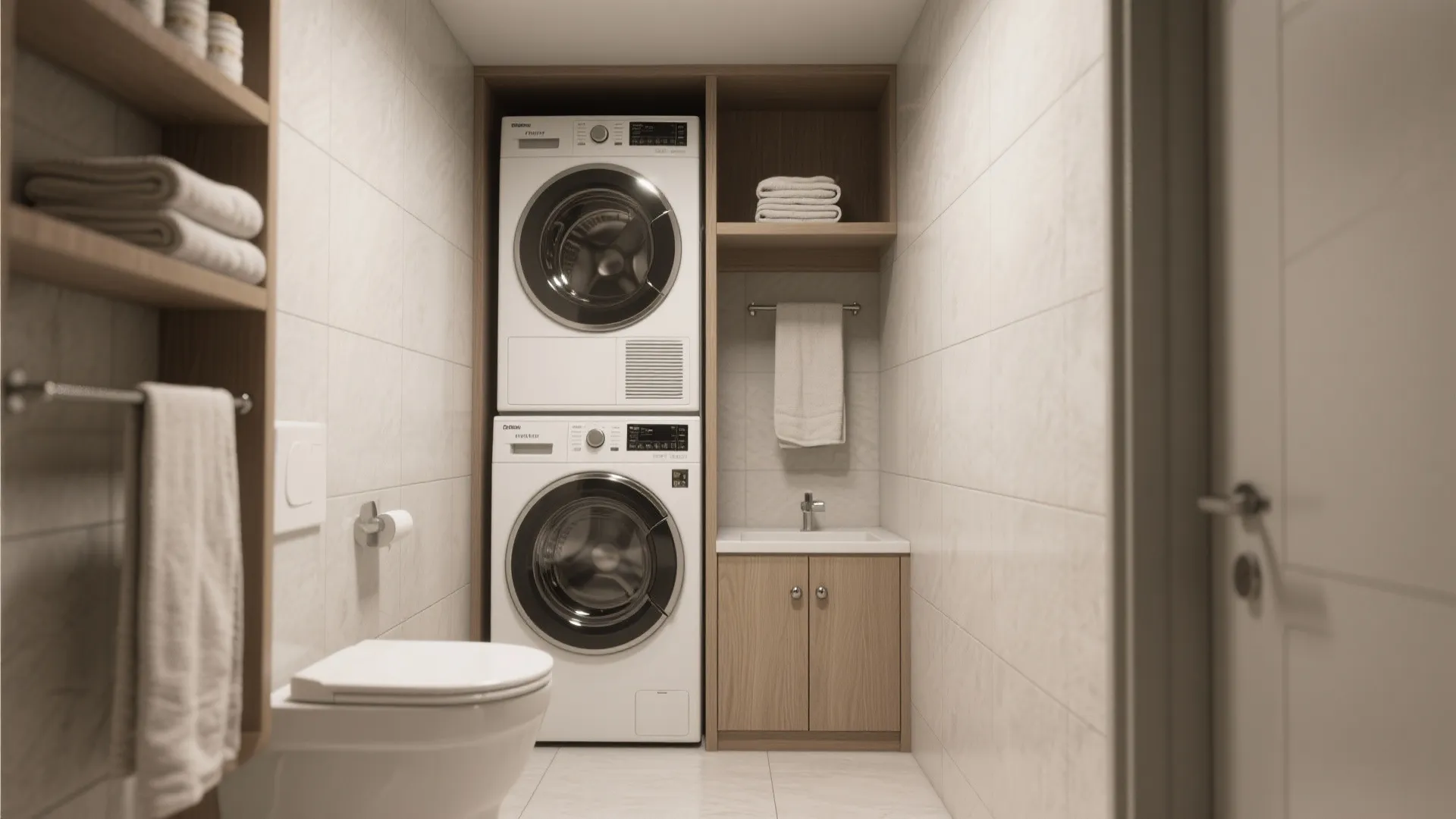 Small bathroom featuring stacked washing machine and dryer next to a wooden sink and toilet