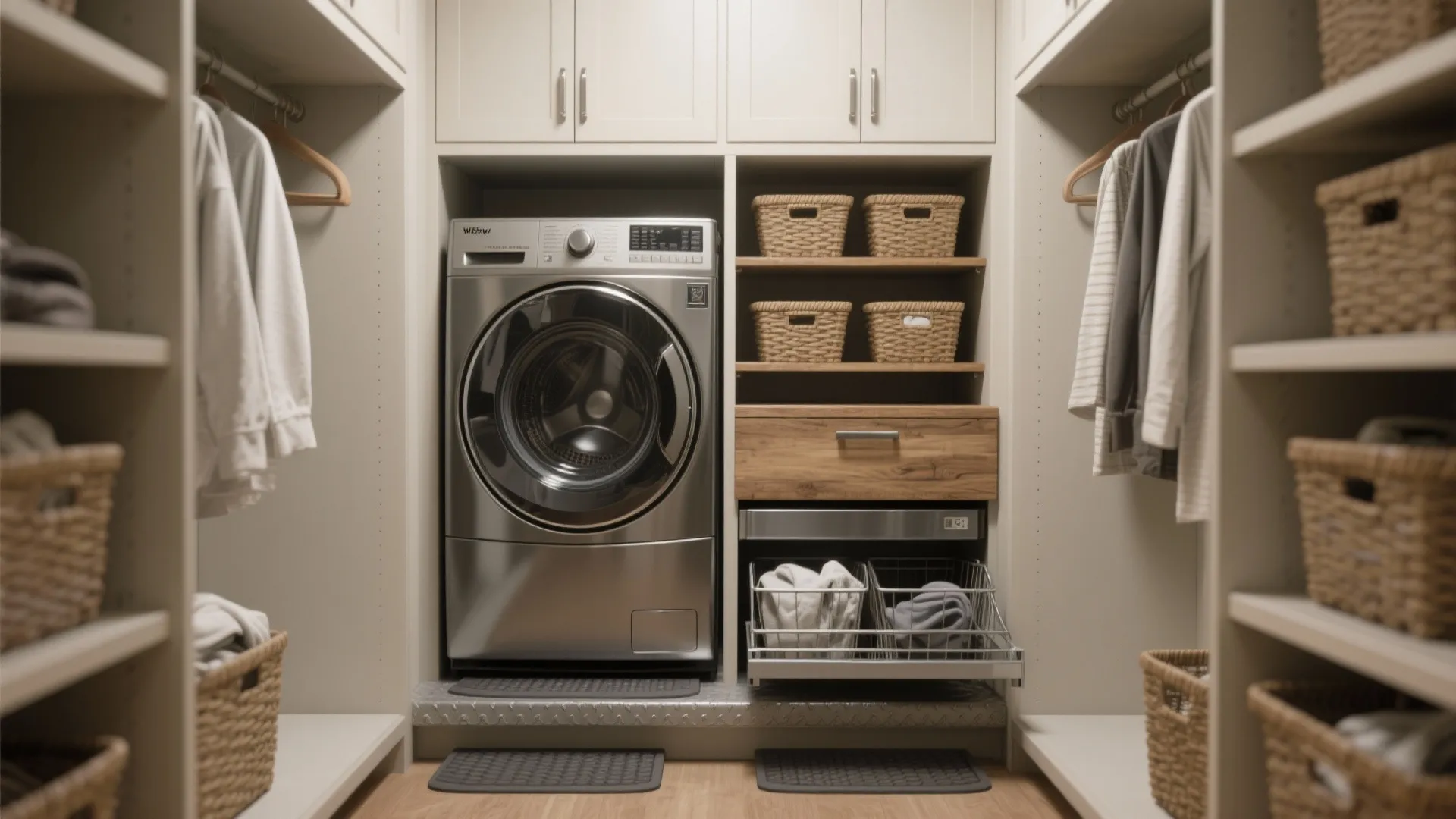 Modern walk-in closet with silver washing machine, wooden storage drawers, woven baskets, and hanging clothes