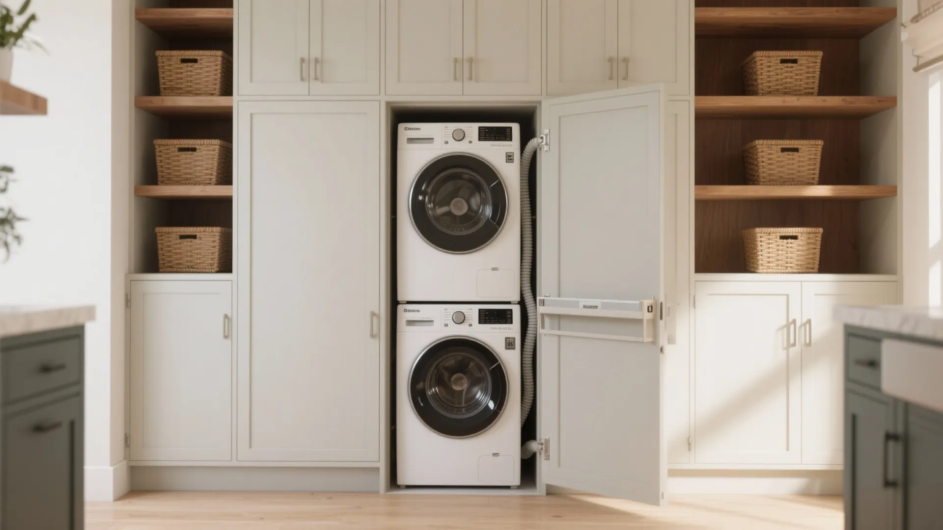 1. Stackable washer-dryer behind cabinet doors