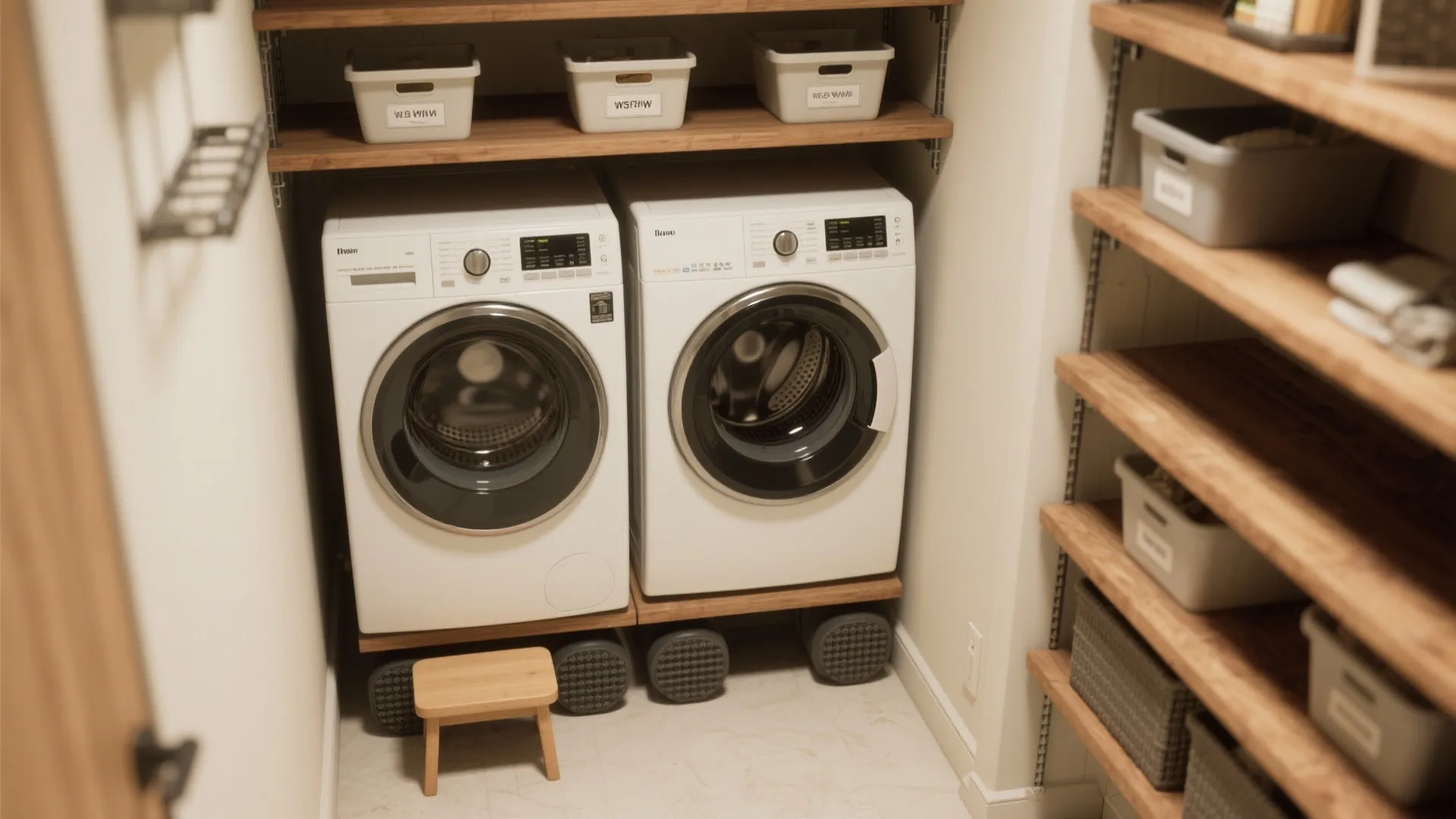 1. Stack smart: vertical washer-dryer + open shelves