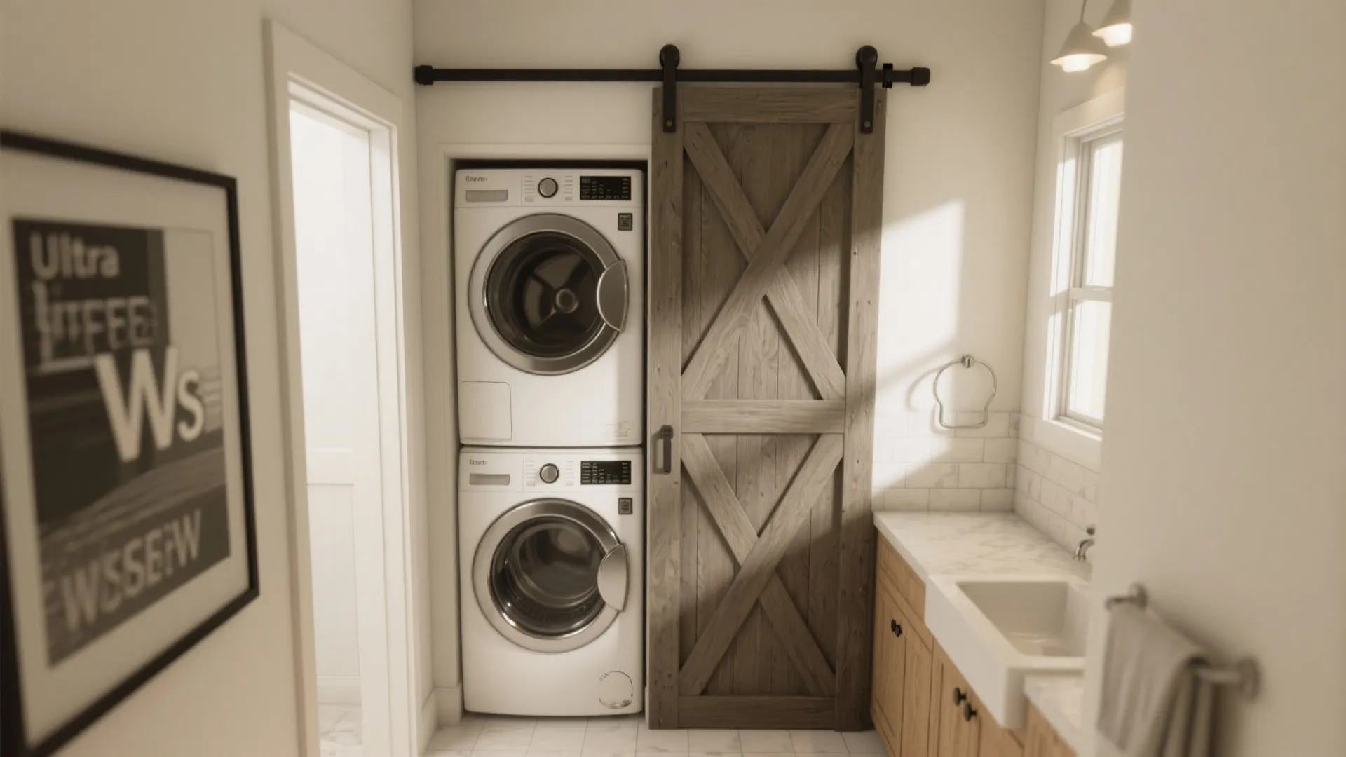 Laundry room with stacked white washing machine and dryer next to a sliding wood barn door
