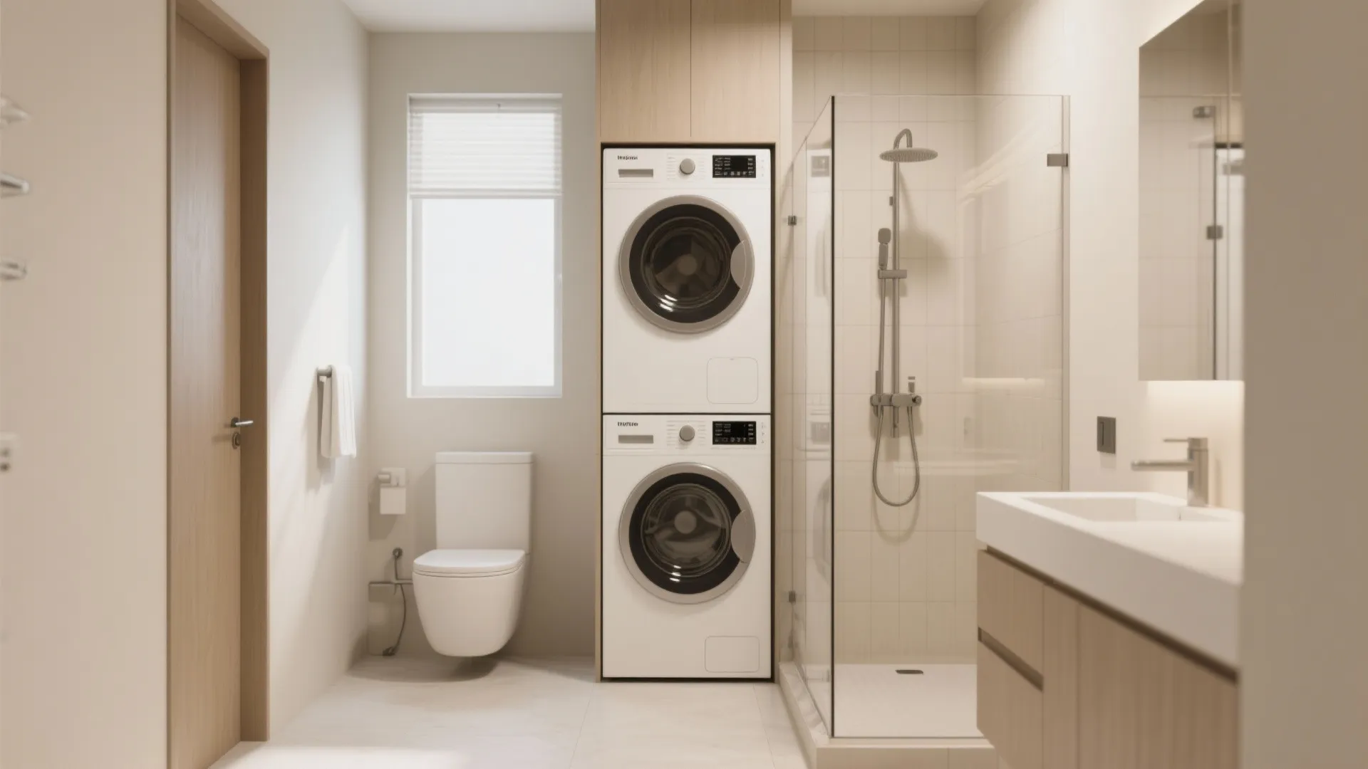 Modern bathroom featuring stacked white washer and dryer unit beside a glass walk in shower