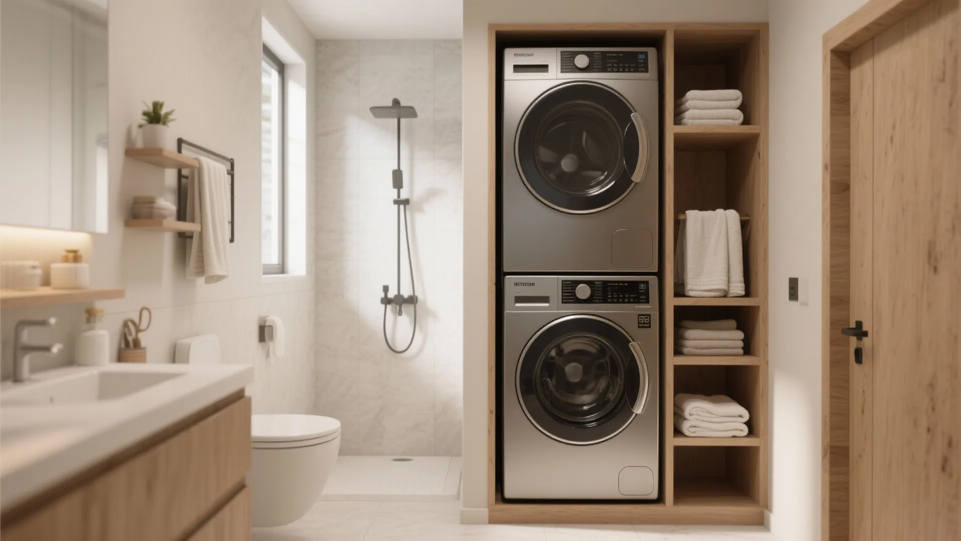 Bright bathroom with stacked silver washing machines in wooden shelf next to sink and shower