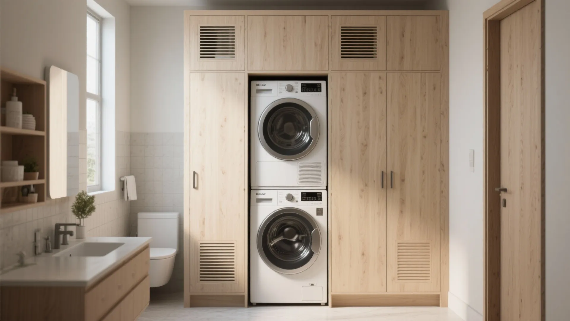 1. Stack the washer and dryer inside a ventilated cabinet