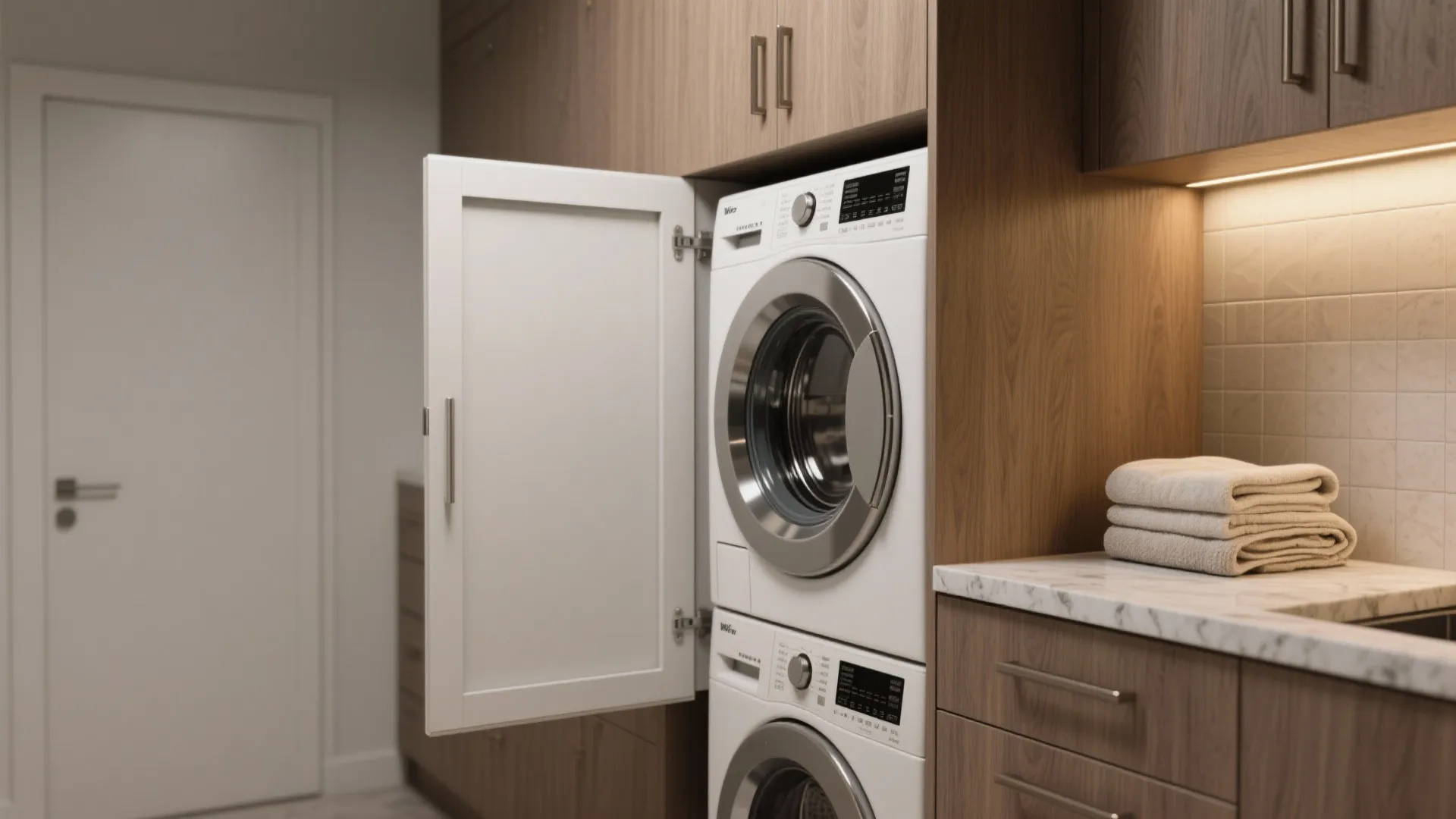 Stacked washing machines hidden inside wooden laundry cabinet with white door opened in modern home interior