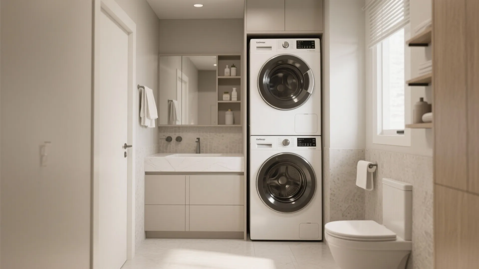 Modern laundry room featuring stacked white washing machine and dryer next to a bathroom sink
