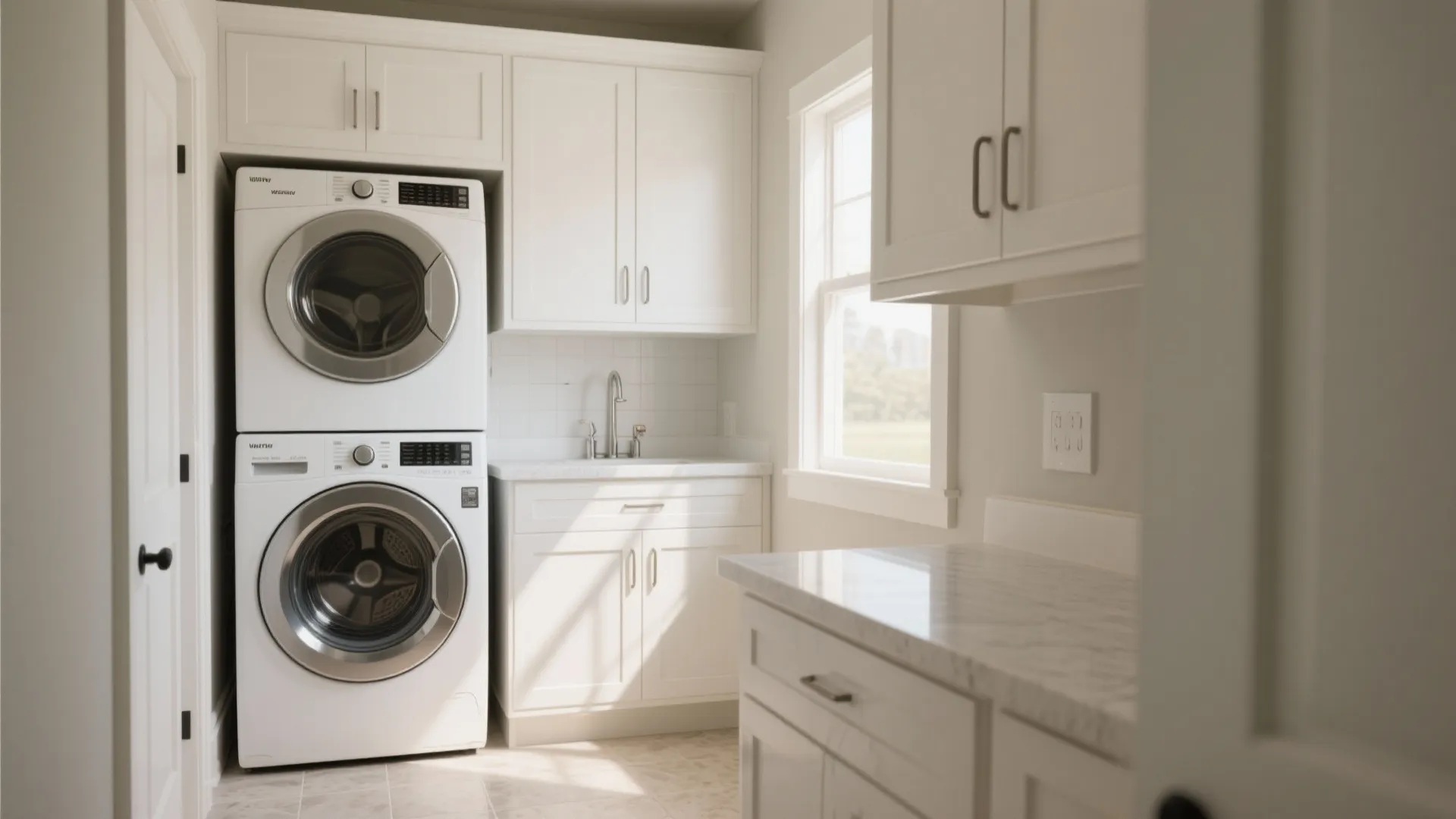Stacked washer and dryer in a compact laundry room